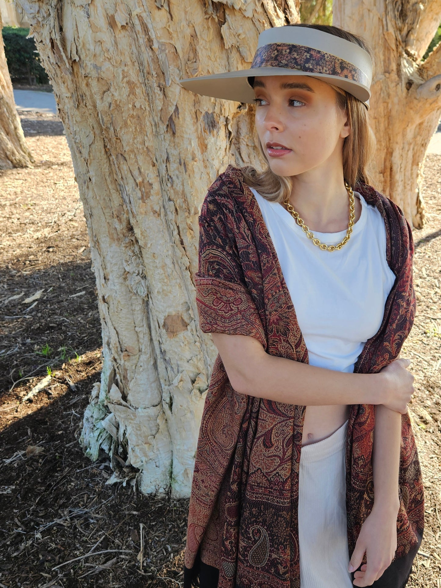 Truly Taupe Audrey Foam Sun Visor Hat with Warm Brown and Rust Floral Band: Walks, Brunch, Swim, Garden, Golf, Easter, Church, No Headache