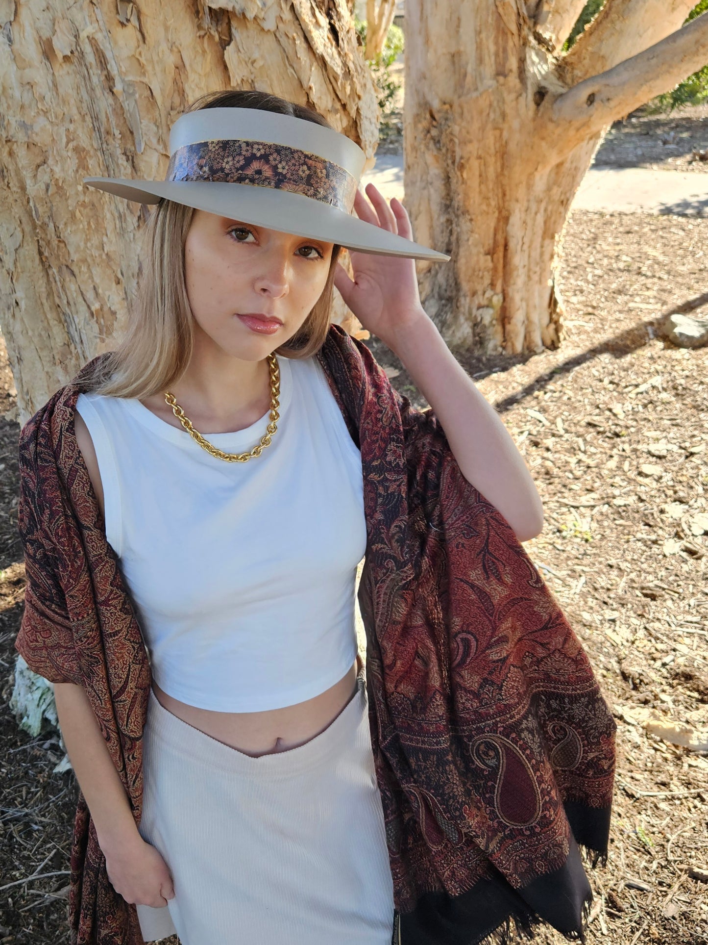 Taupe "LadyEVA" Visor Hat with Warm Brown and Rust Floral Band