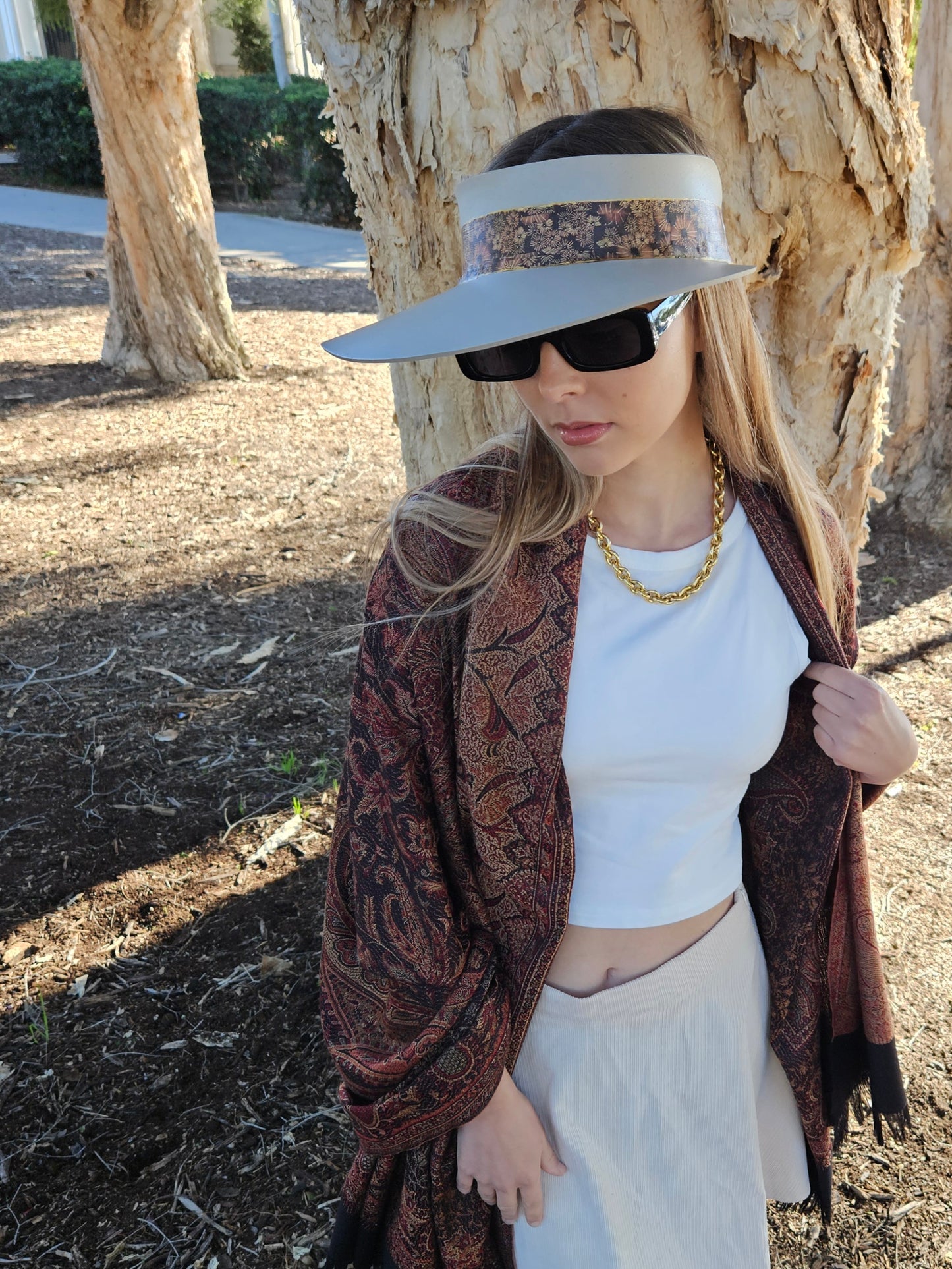 Taupe "LadyEVA" Visor Hat with Warm Brown and Rust Floral Band