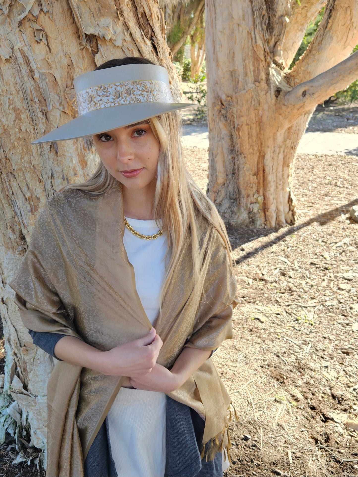 Taupe "LadyEVA" Visor Hat with Golden Floral Band