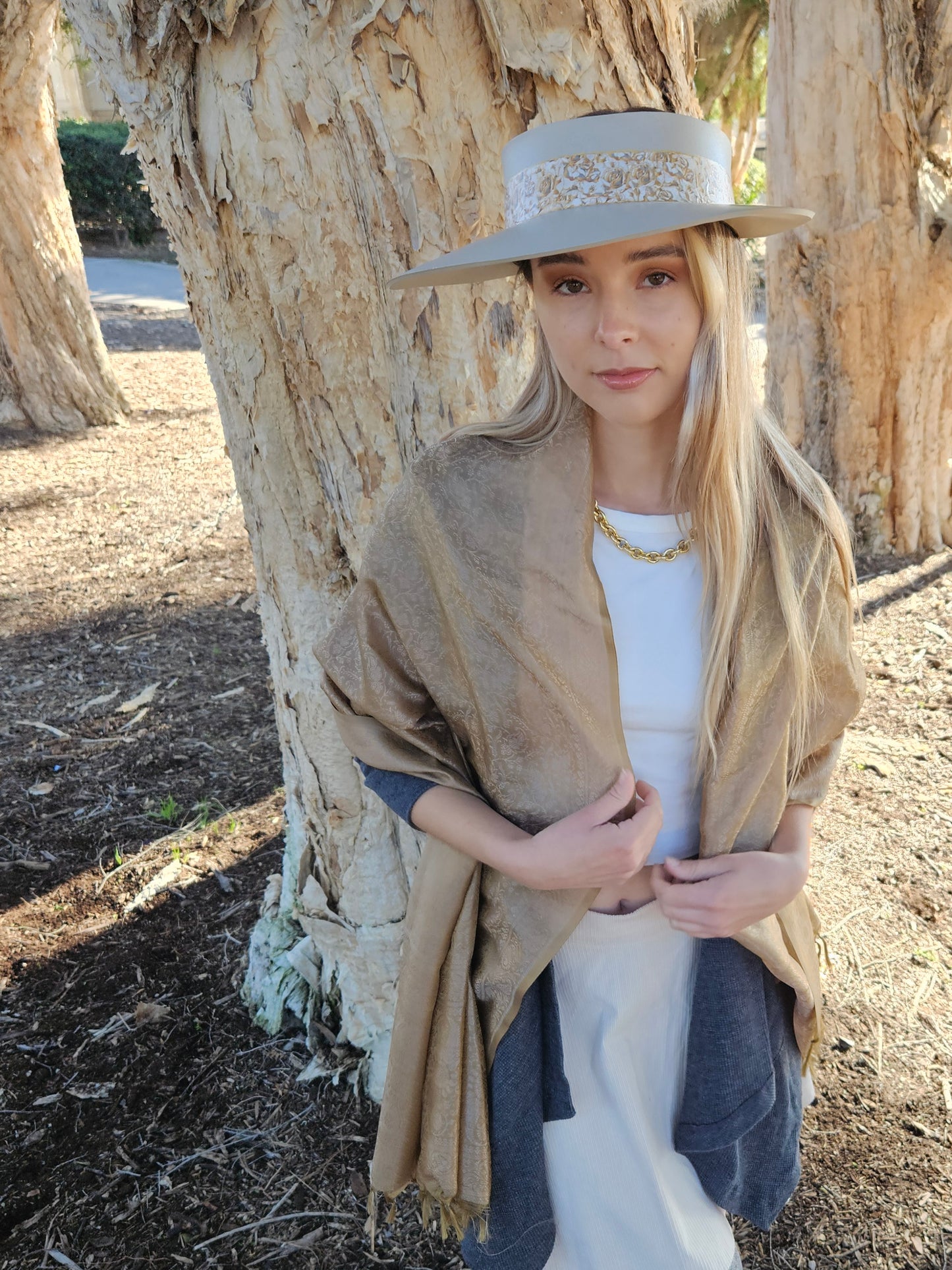 Taupe "LadyEVA" Visor Hat with Golden Floral Band
