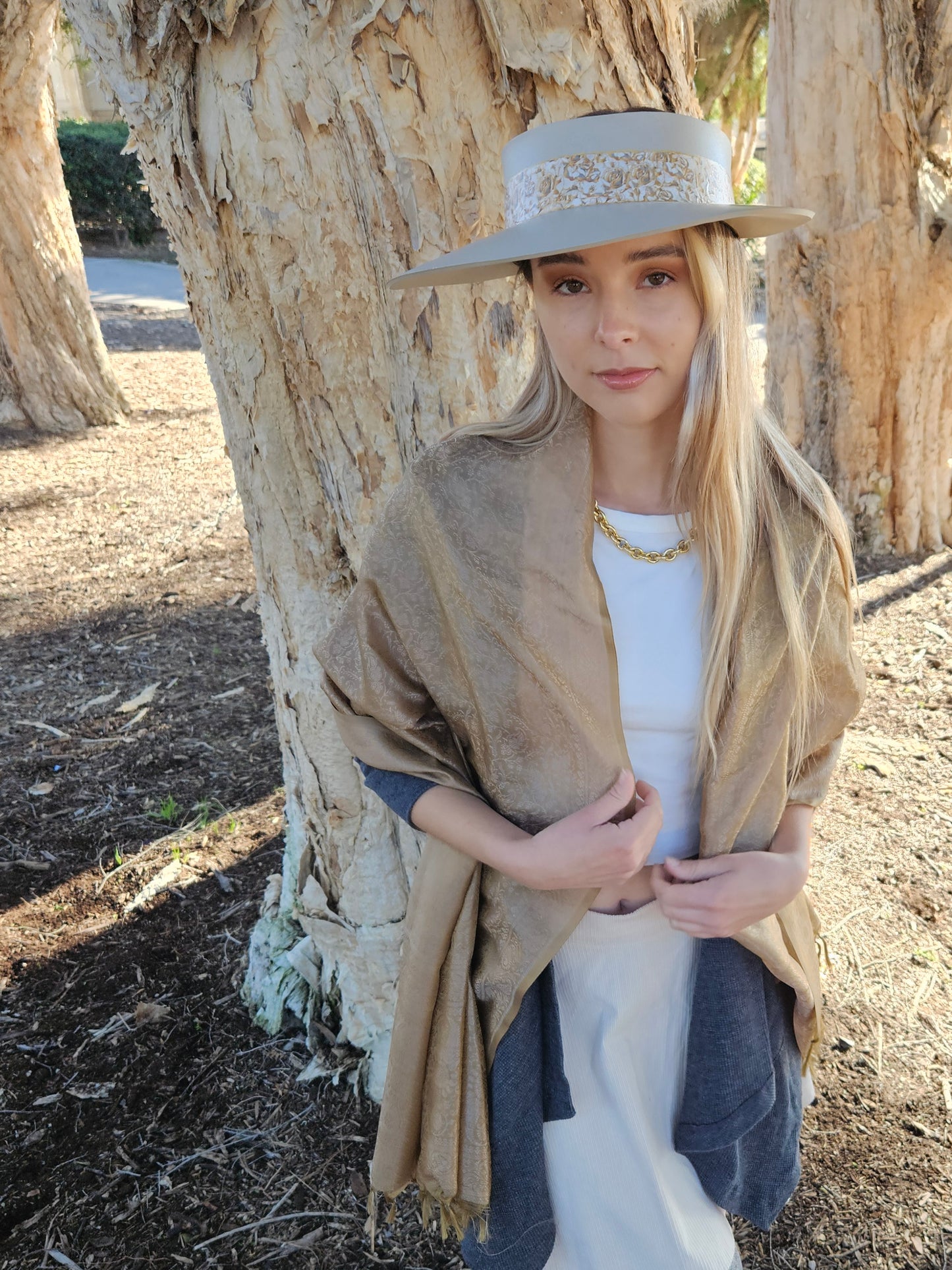 Truly Taupe Audrey Foam Sun Visor Hat with Golden Floral Band: Walks, Brunch, Tea, Garden, Golf, Easter, Church, No Headache