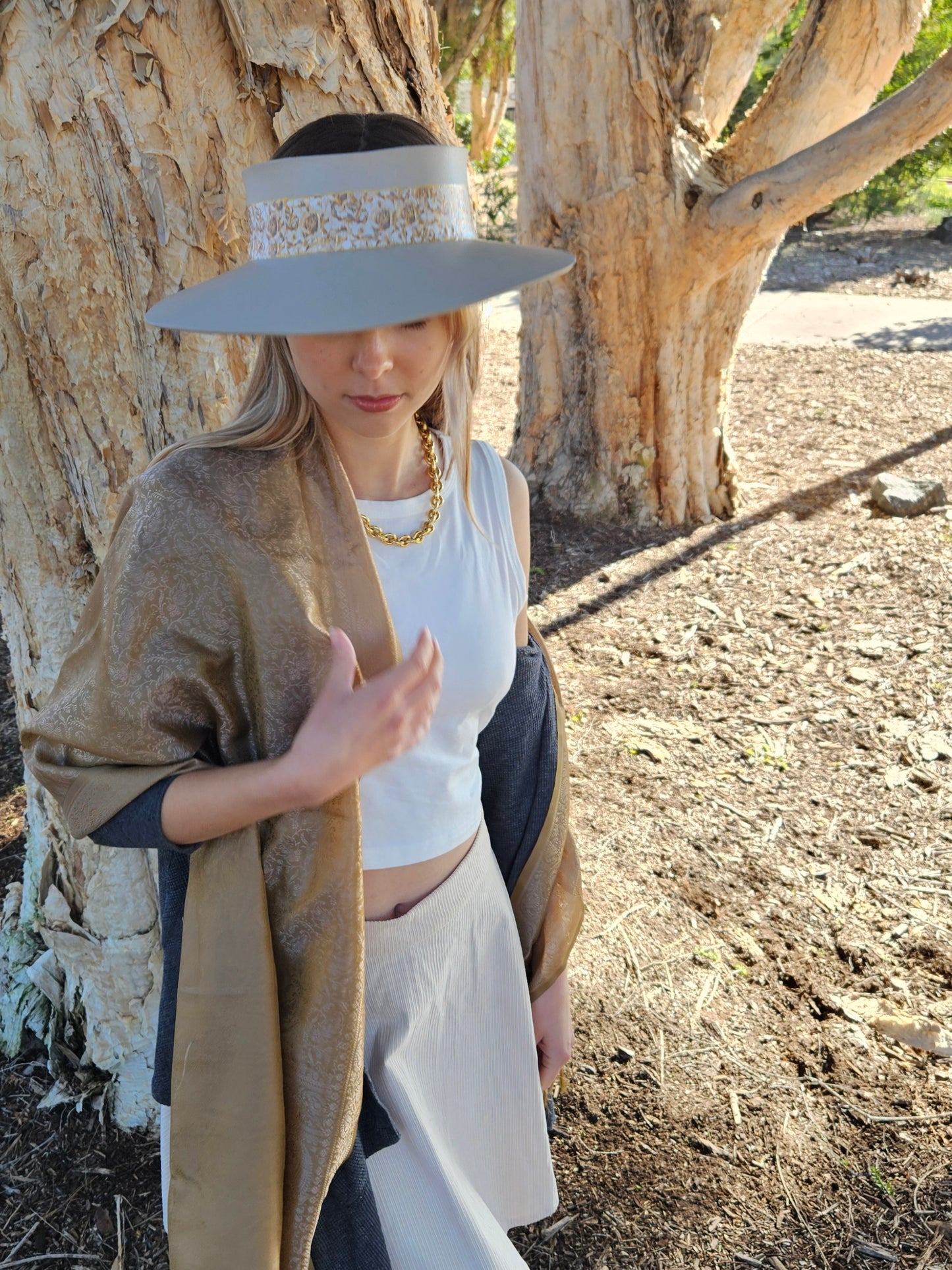 Truly Taupe Audrey Foam Sun Visor Hat with Golden Floral Band: Walks, Brunch, Tea, Garden, Golf, Easter, Church, No Headache