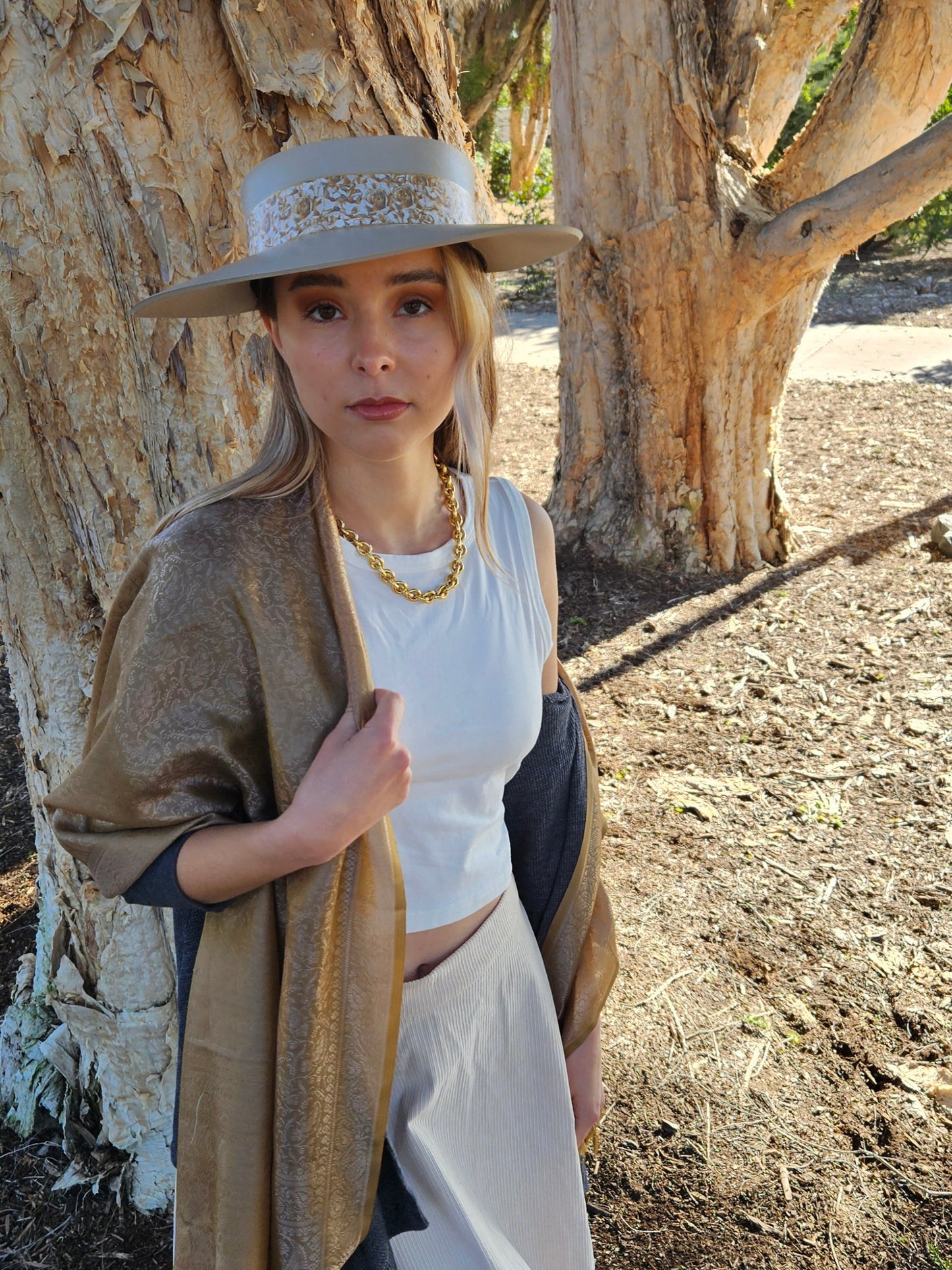 Truly Taupe Audrey Foam Sun Visor Hat with Golden Floral Band: Walks, Brunch, Tea, Garden, Golf, Easter, Church, No Headache