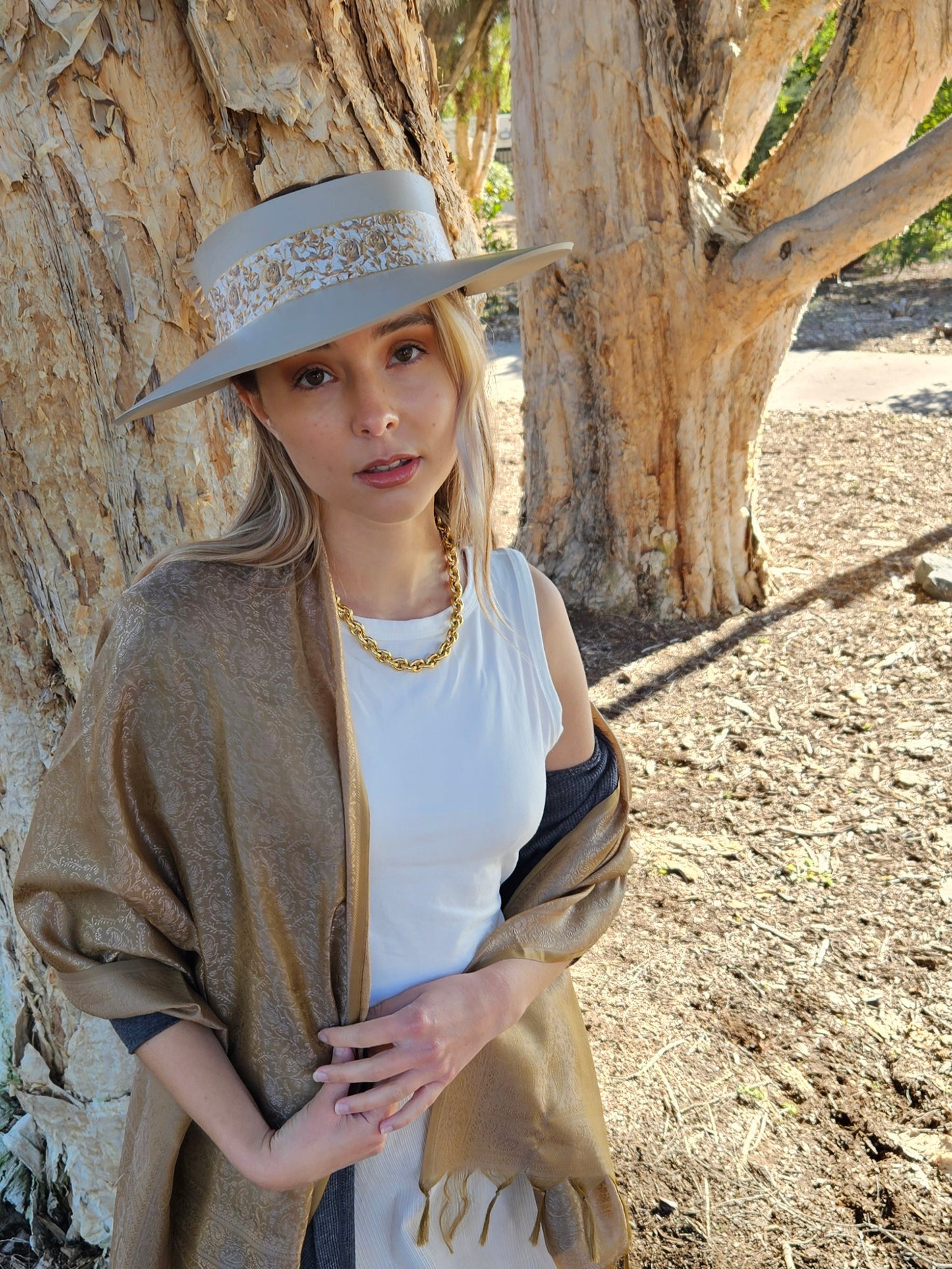 Taupe "LadyEVA" Visor Hat with Golden Floral Band