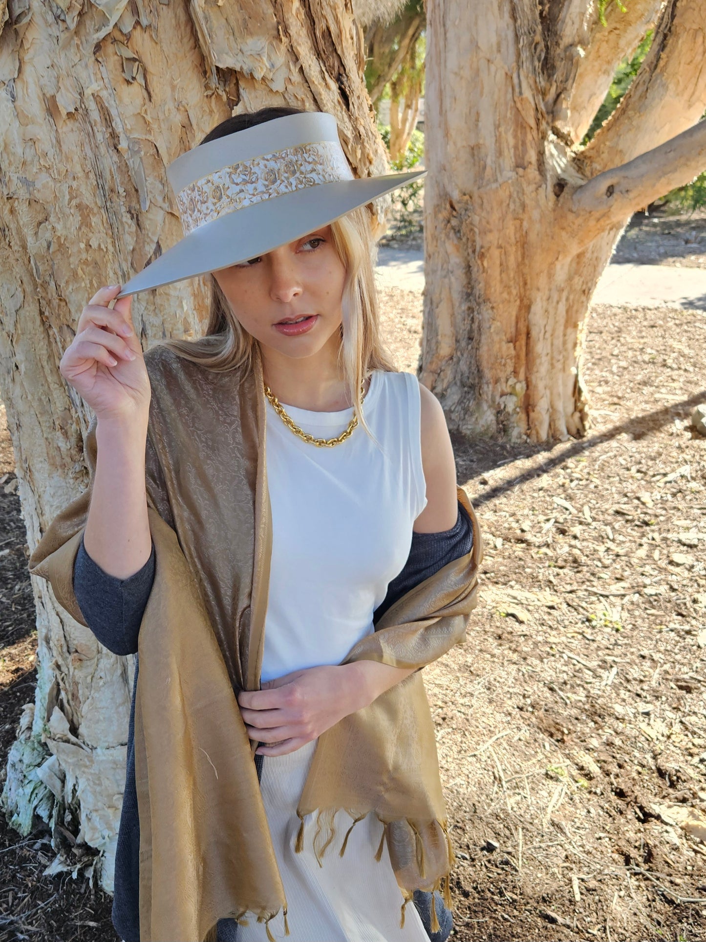 Taupe "LadyEVA" Visor Hat with Golden Floral Band