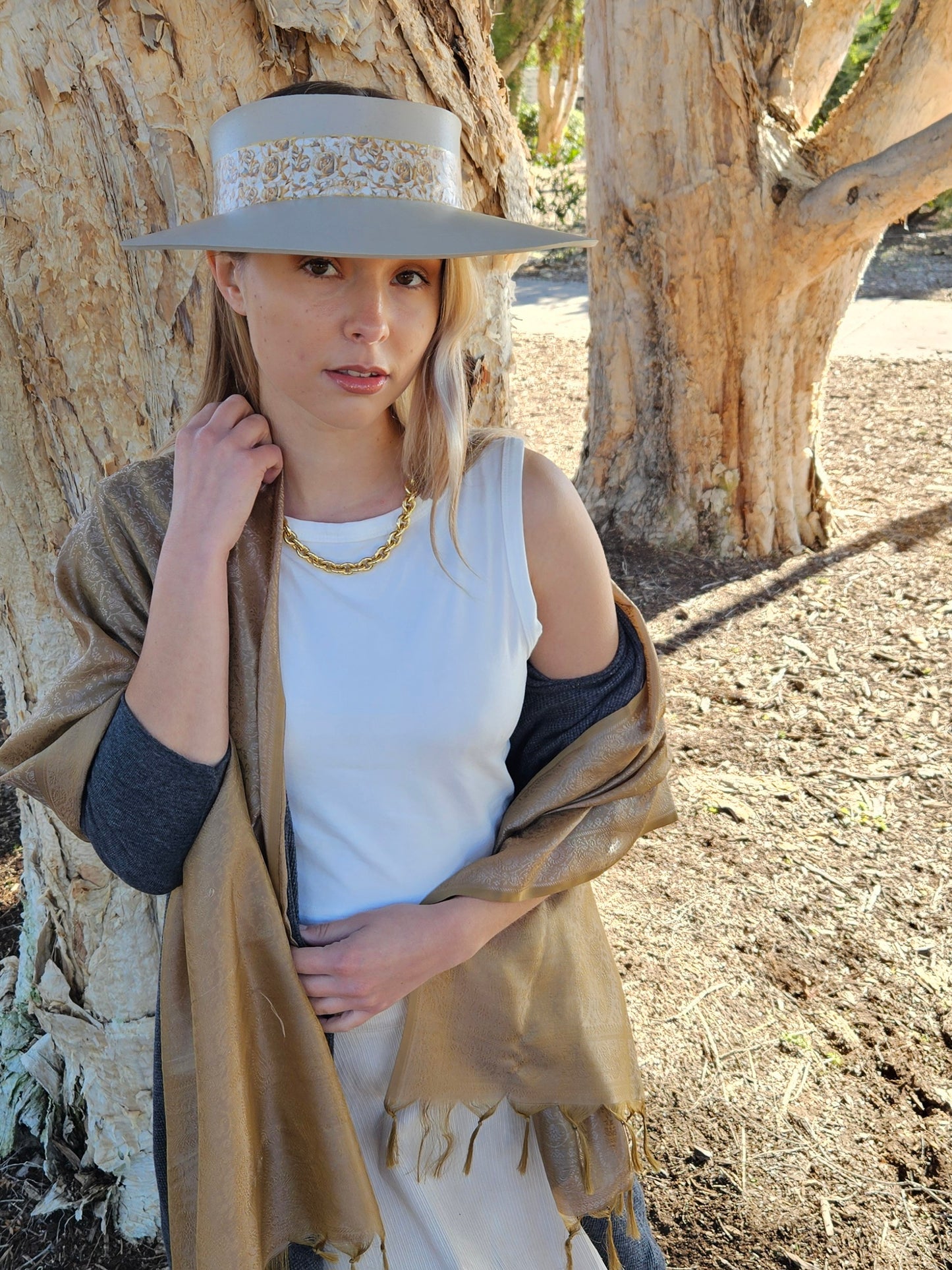 Taupe "LadyEVA" Visor Hat with Golden Floral Band