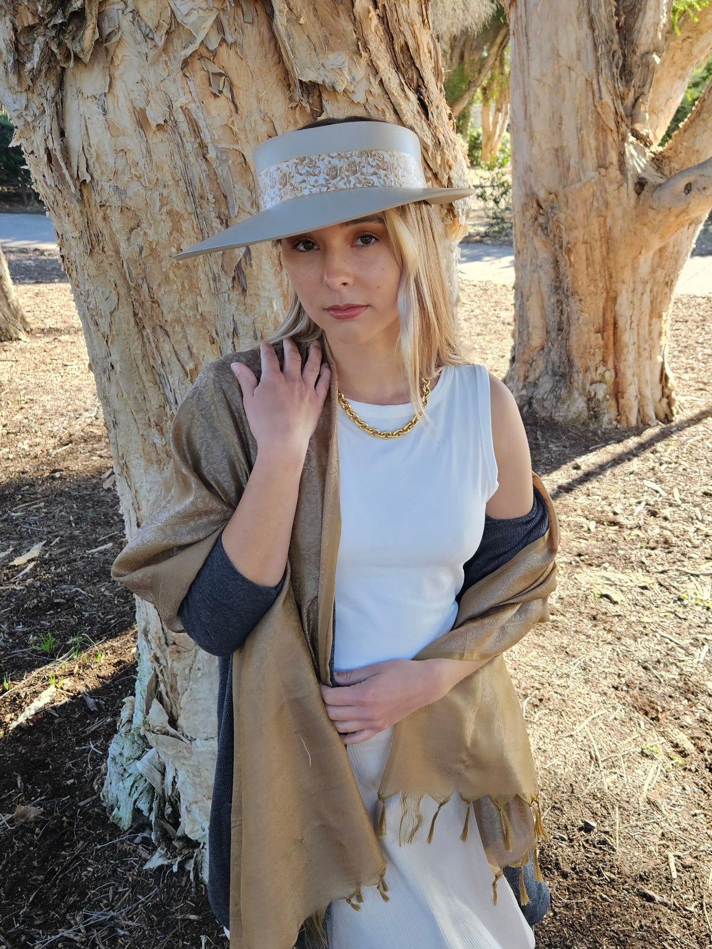 Taupe "LadyEVA" Visor Hat with Golden Floral Band