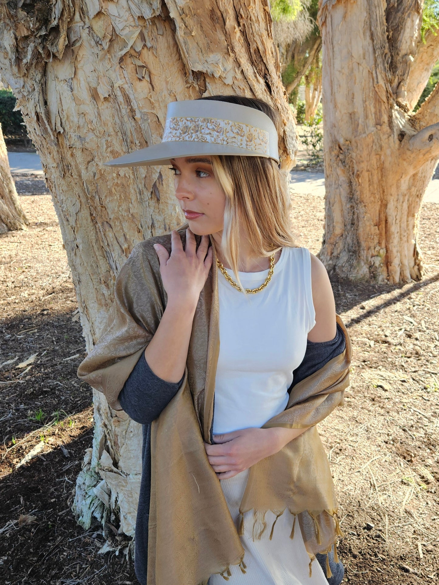 Truly Taupe Audrey Foam Sun Visor Hat with Golden Floral Band: Walks, Brunch, Tea, Garden, Golf, Easter, Church, No Headache