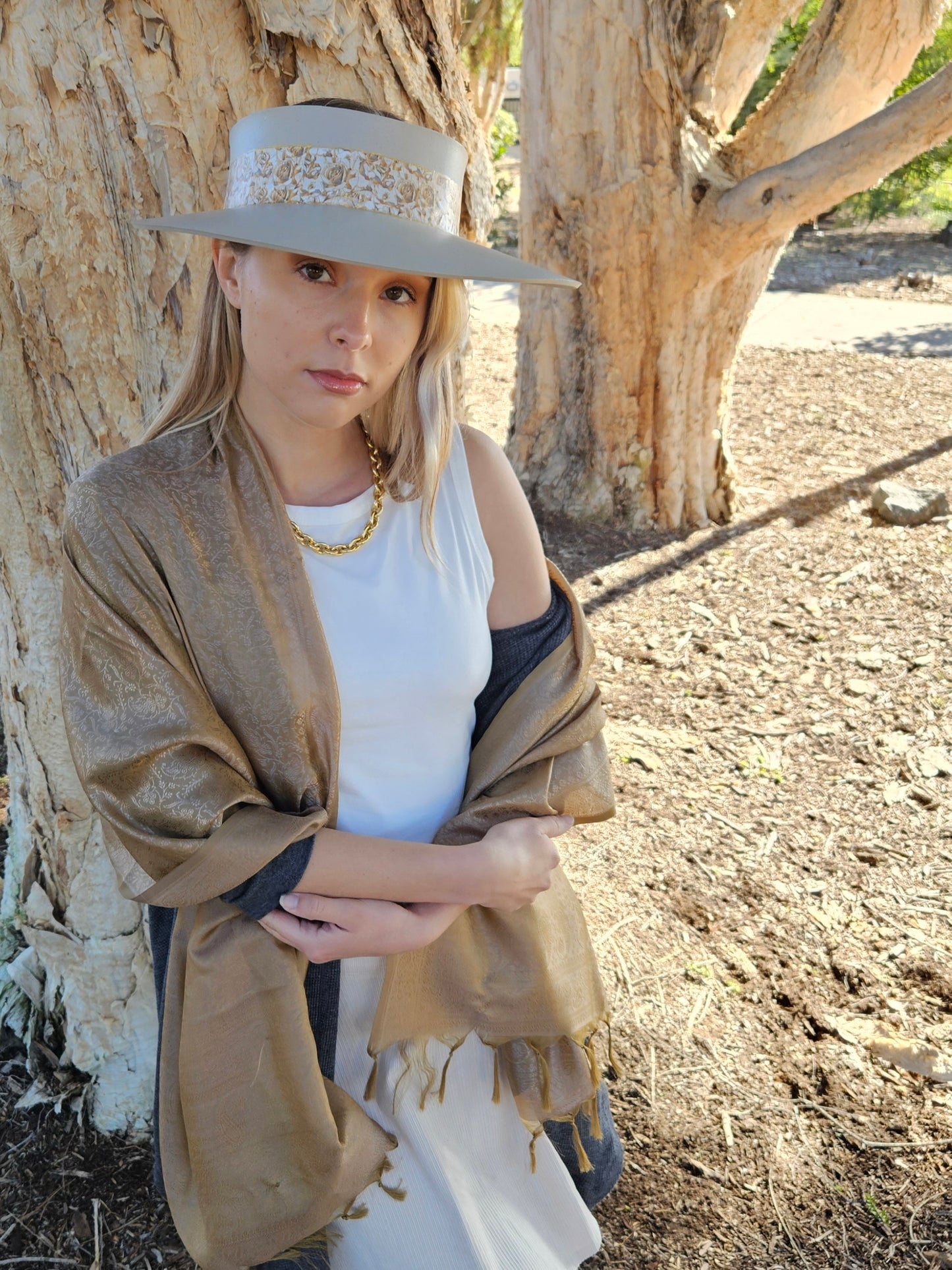 Taupe "LadyEVA" Visor Hat with Golden Floral Band