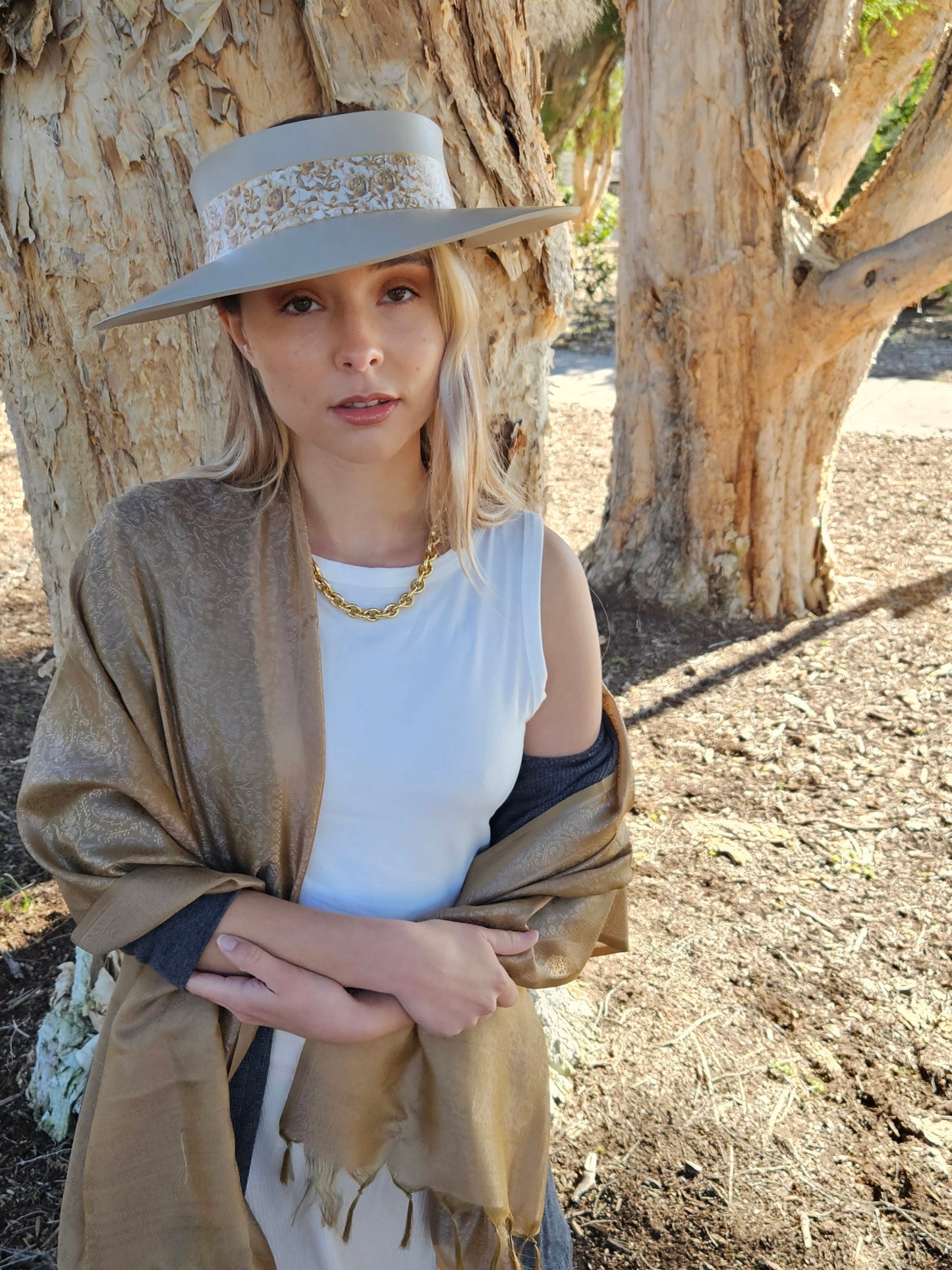 Taupe "LadyEVA" Visor Hat with Golden Floral Band