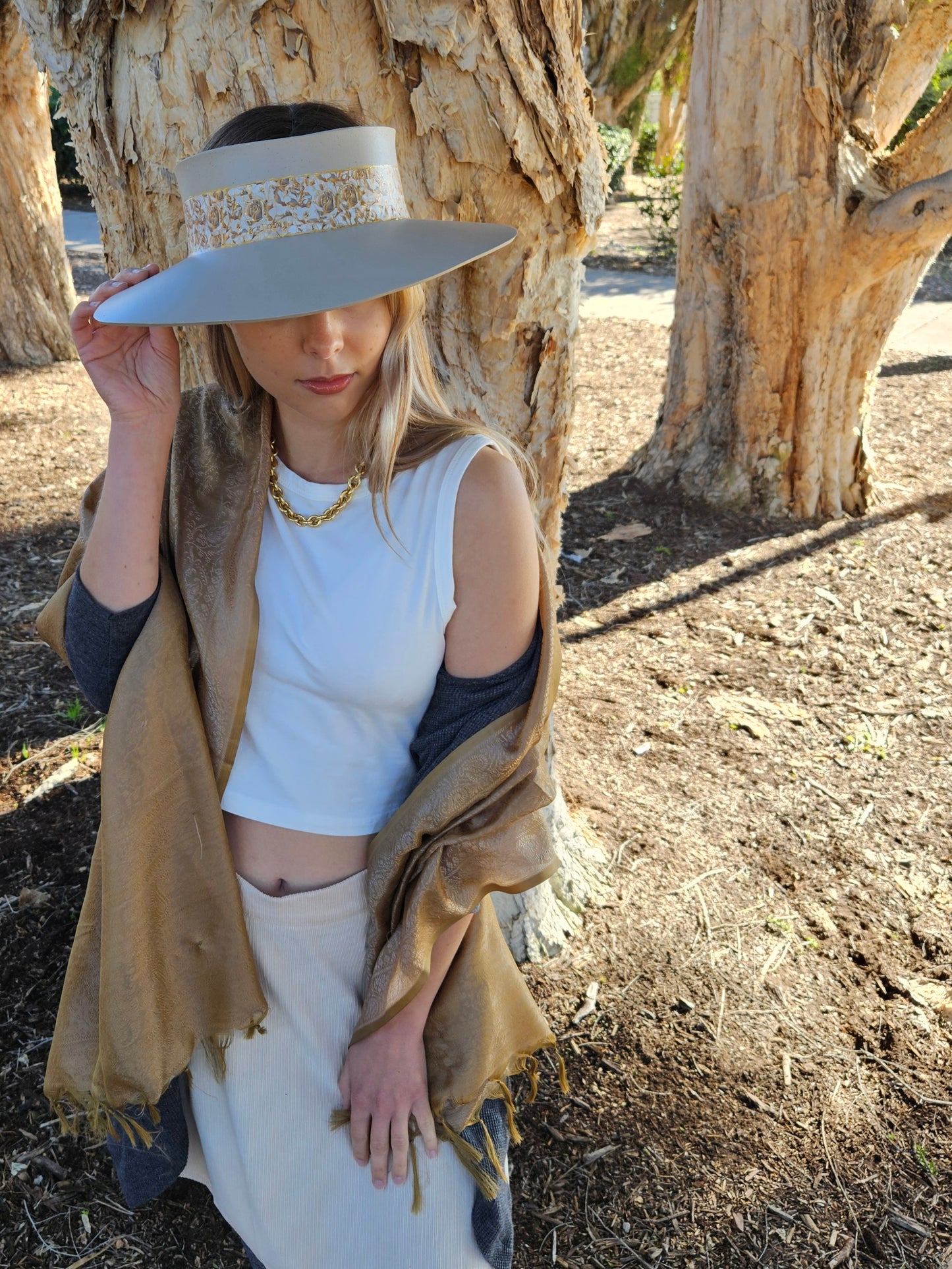 Taupe "LadyEVA" Visor Hat with Golden Floral Band