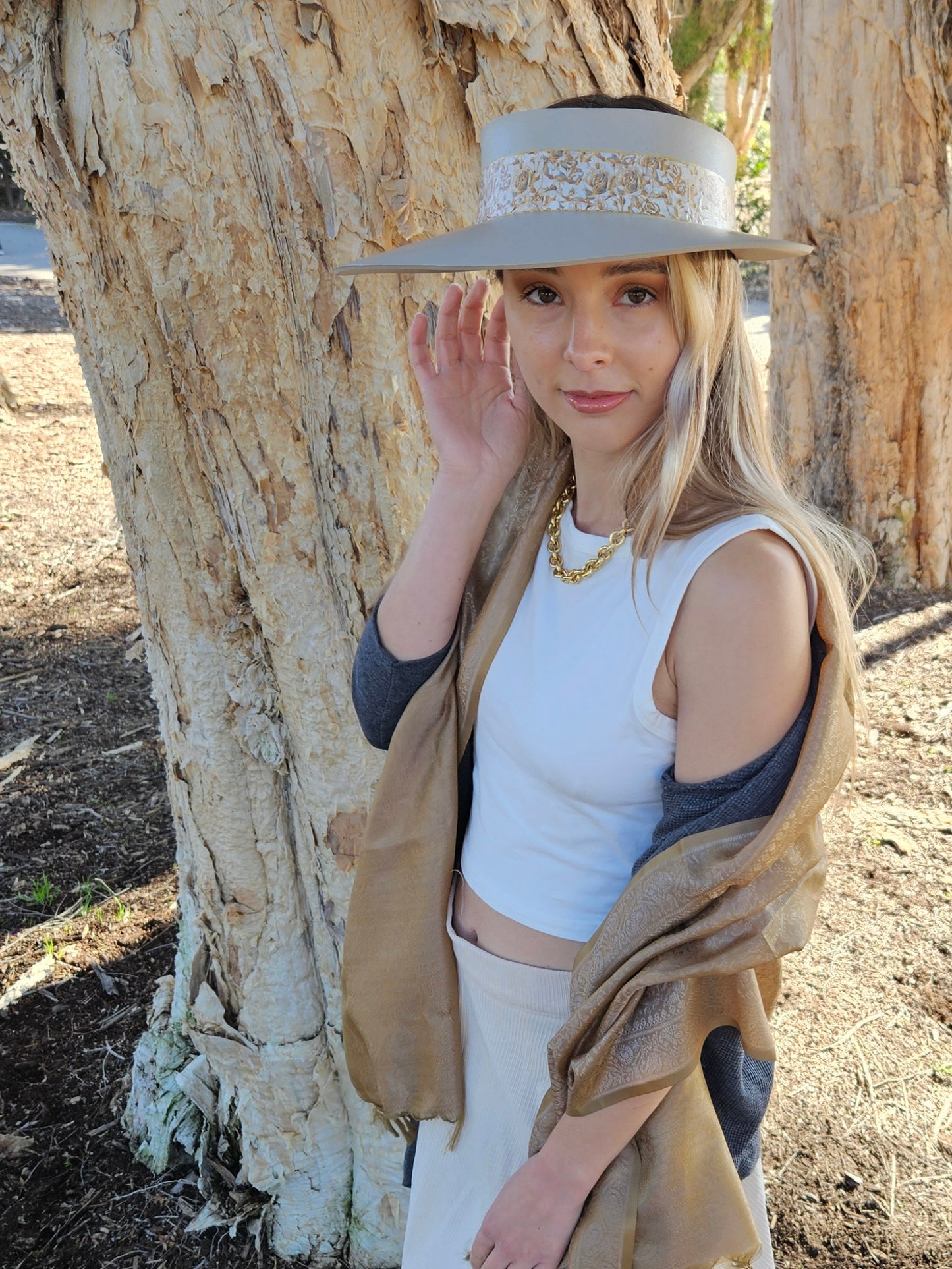 Truly Taupe Audrey Foam Sun Visor Hat with Golden Floral Band: Walks, Brunch, Tea, Garden, Golf, Easter, Church, No Headache