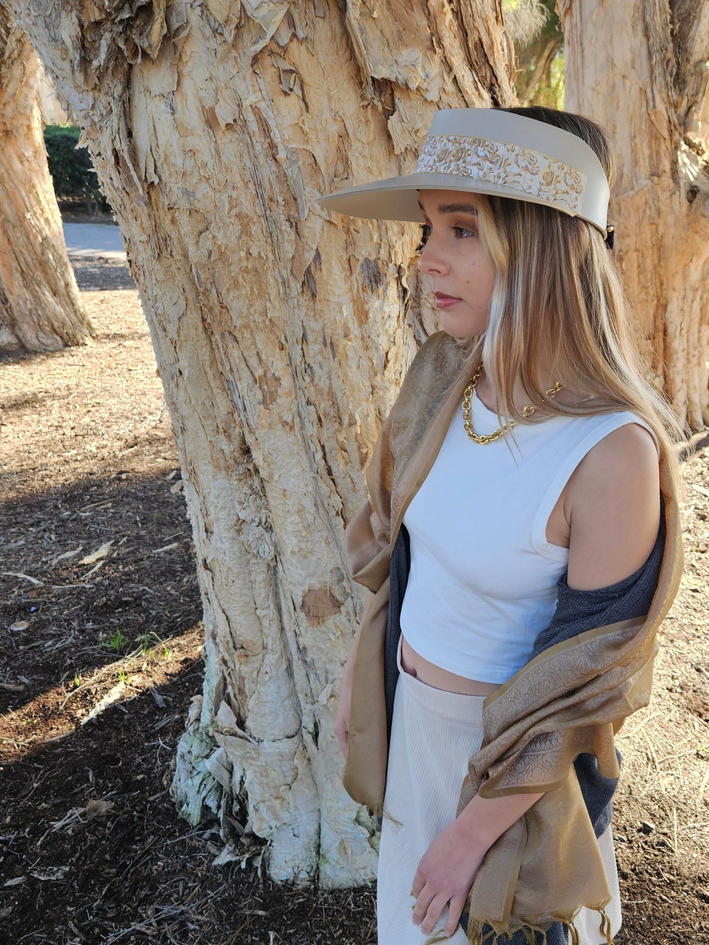 Taupe "LadyEVA" Visor Hat with Golden Floral Band