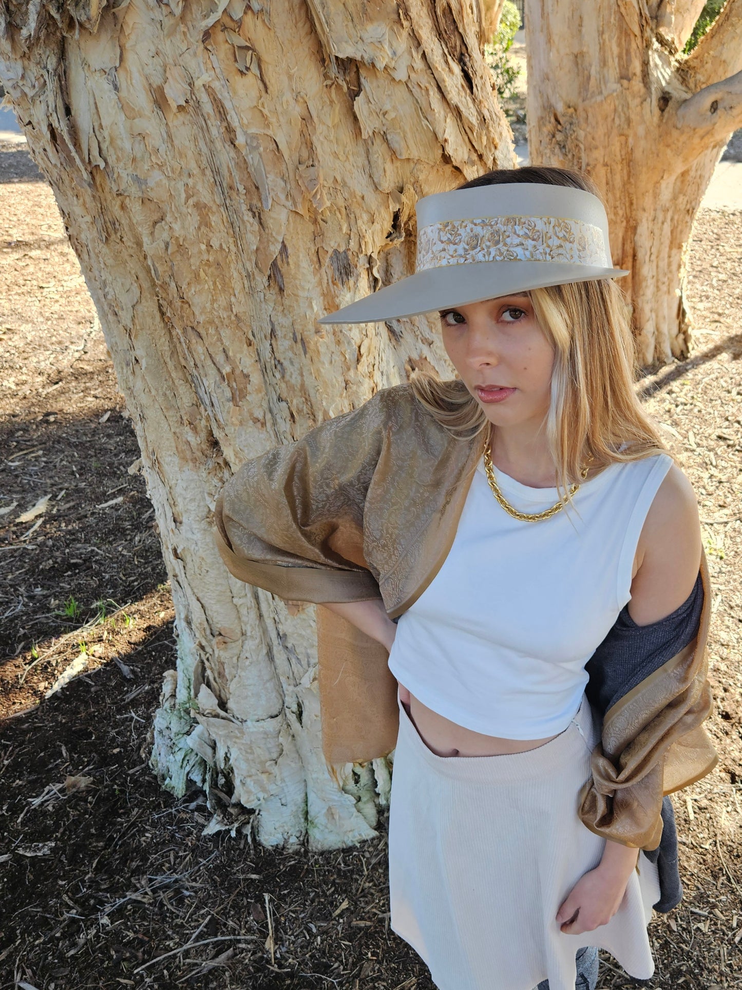 Taupe "LadyEVA" Visor Hat with Golden Floral Band