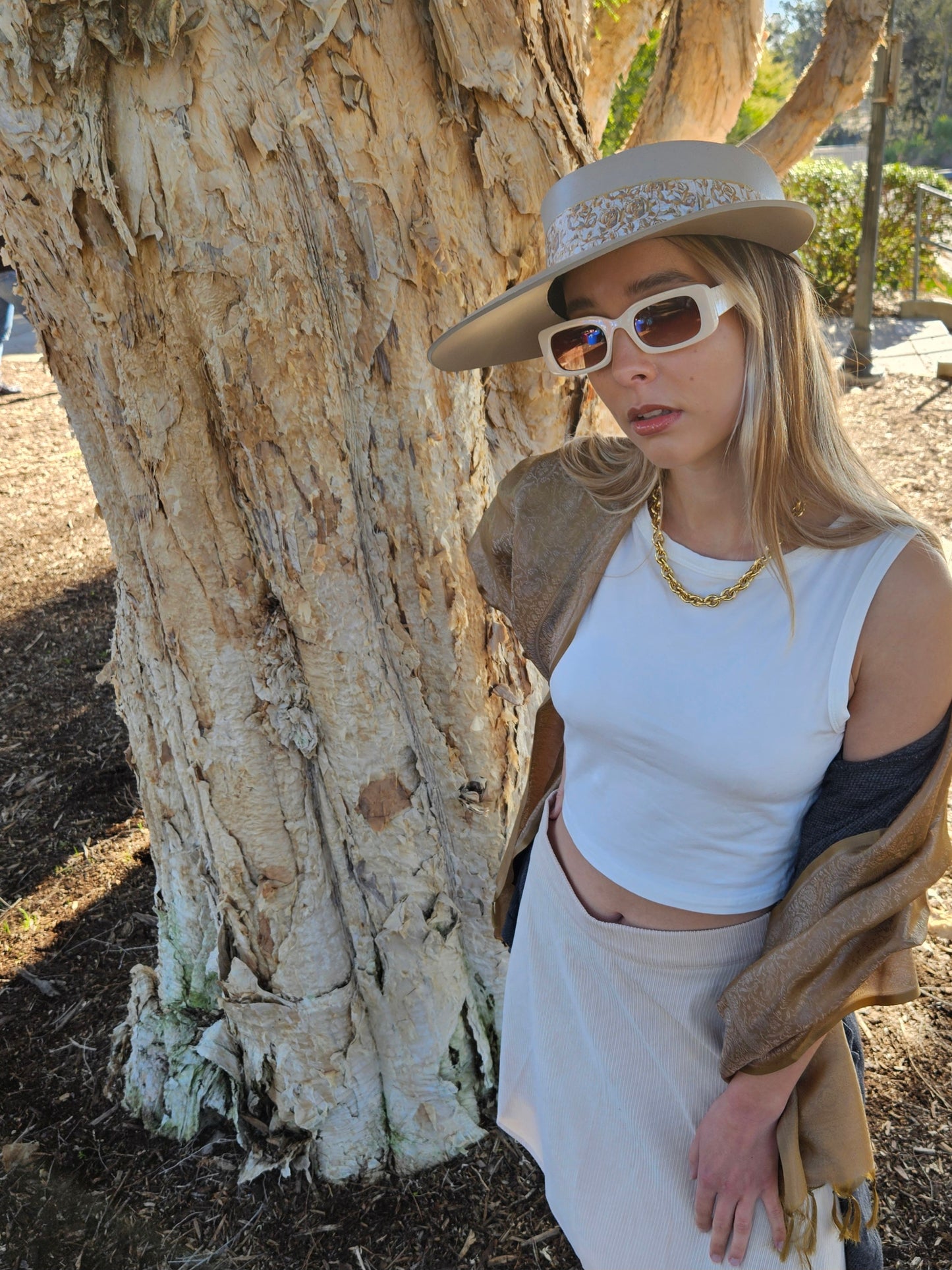 Taupe "LadyEVA" Visor Hat with Golden Floral Band