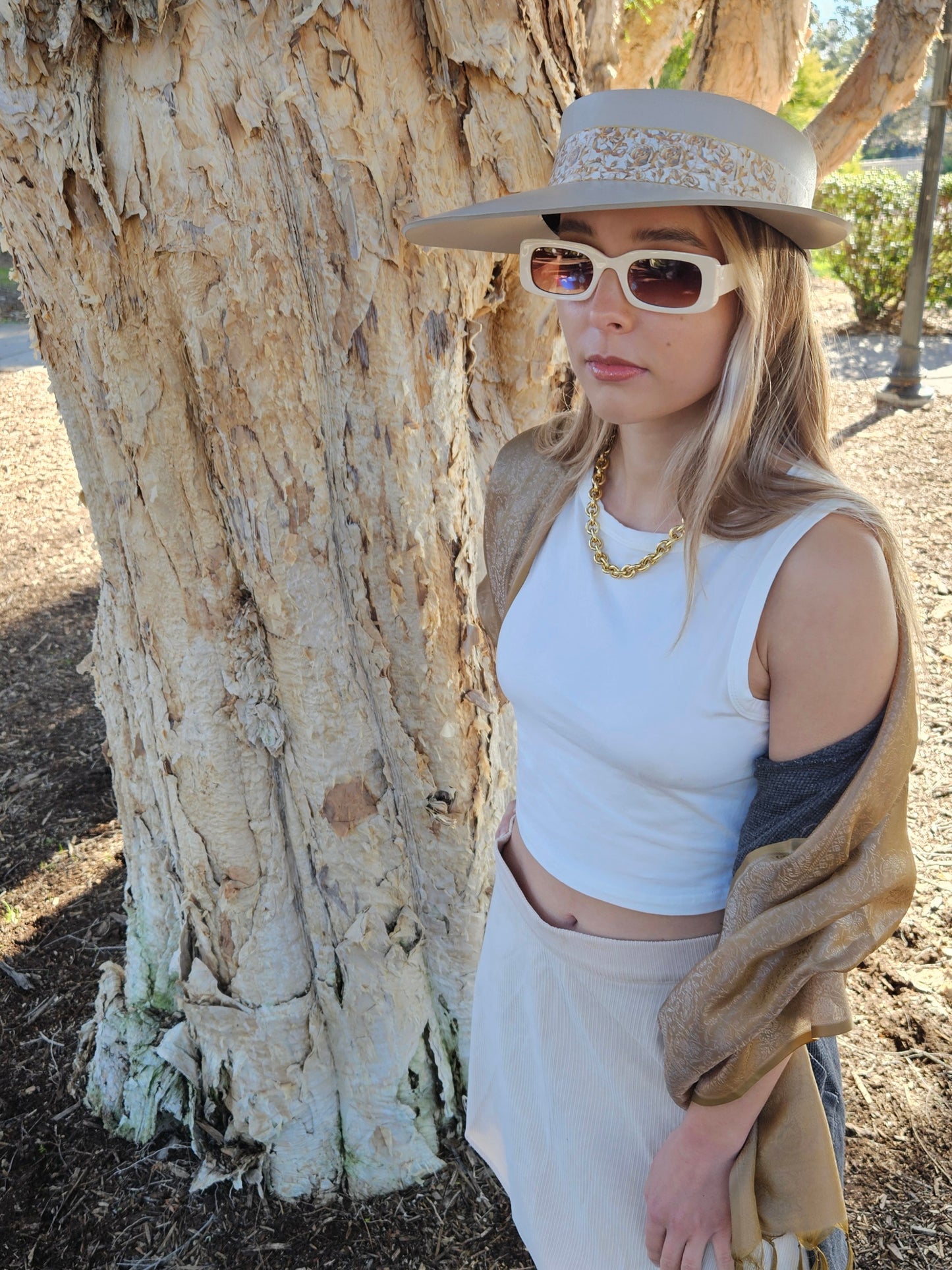 Taupe "LadyEVA" Visor Hat with Golden Floral Band