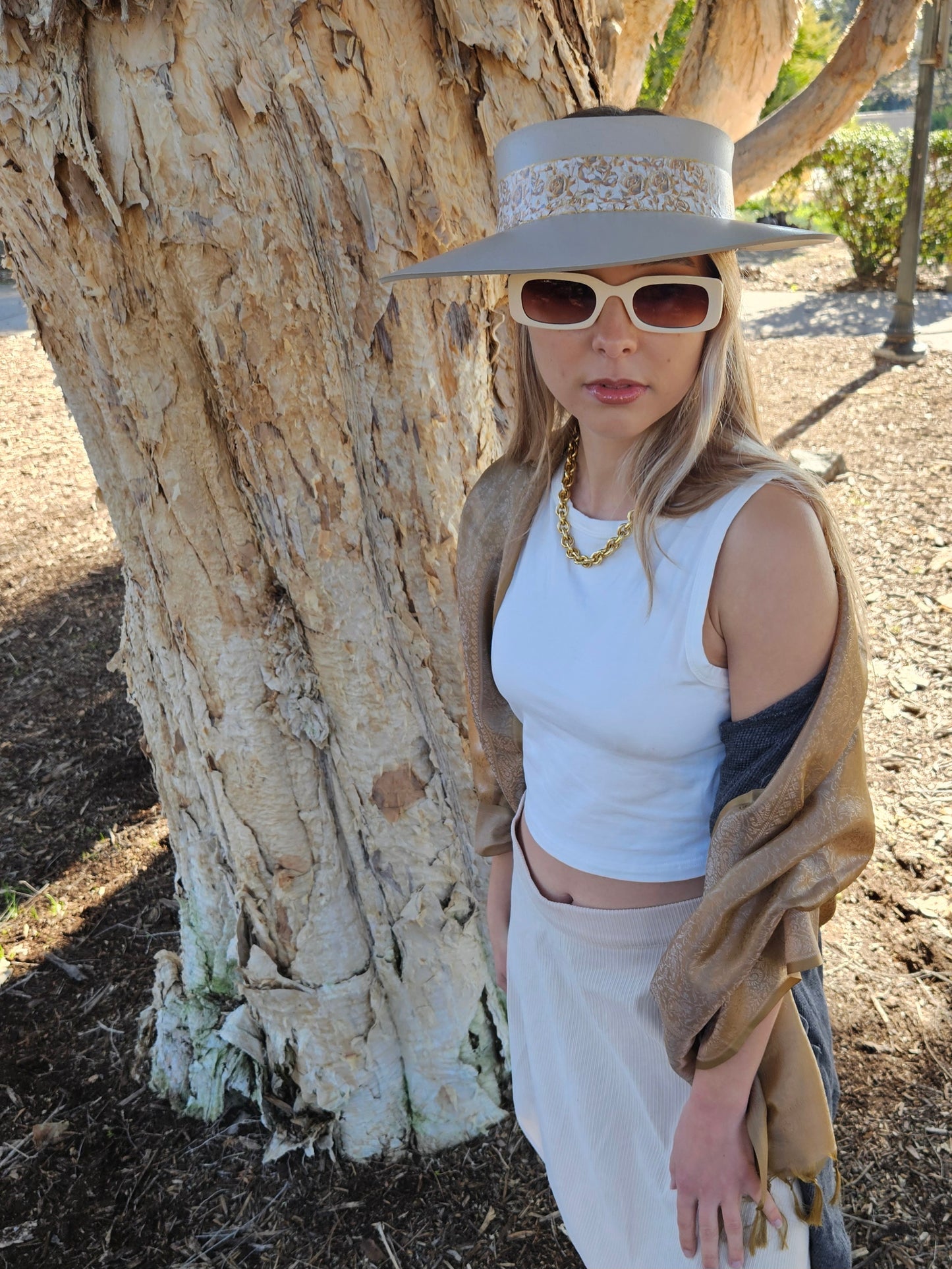 Taupe "LadyEVA" Visor Hat with Golden Floral Band