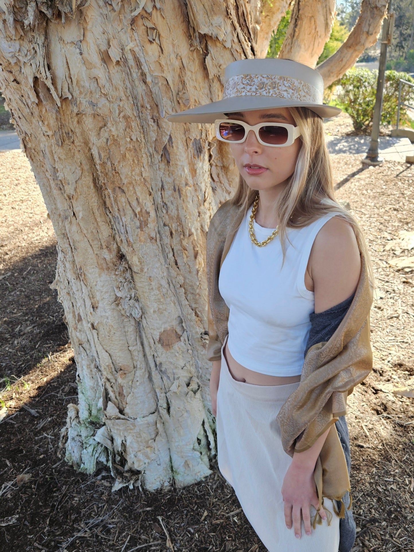 Taupe "LadyEVA" Visor Hat with Golden Floral Band
