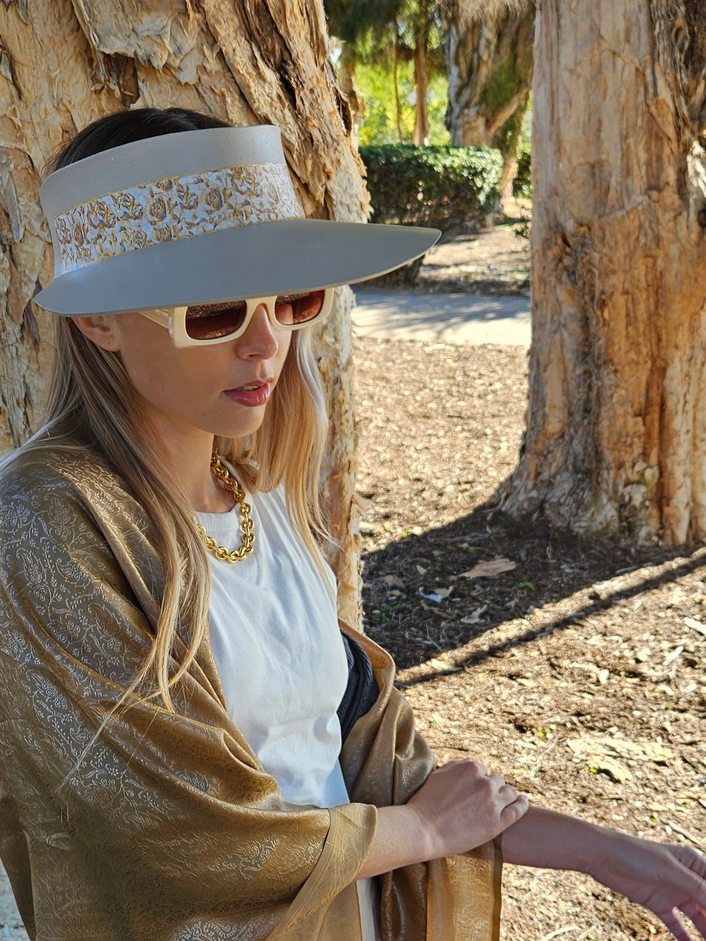 Truly Taupe Audrey Foam Sun Visor Hat with Golden Floral Band: Walks, Brunch, Tea, Garden, Golf, Easter, Church, No Headache