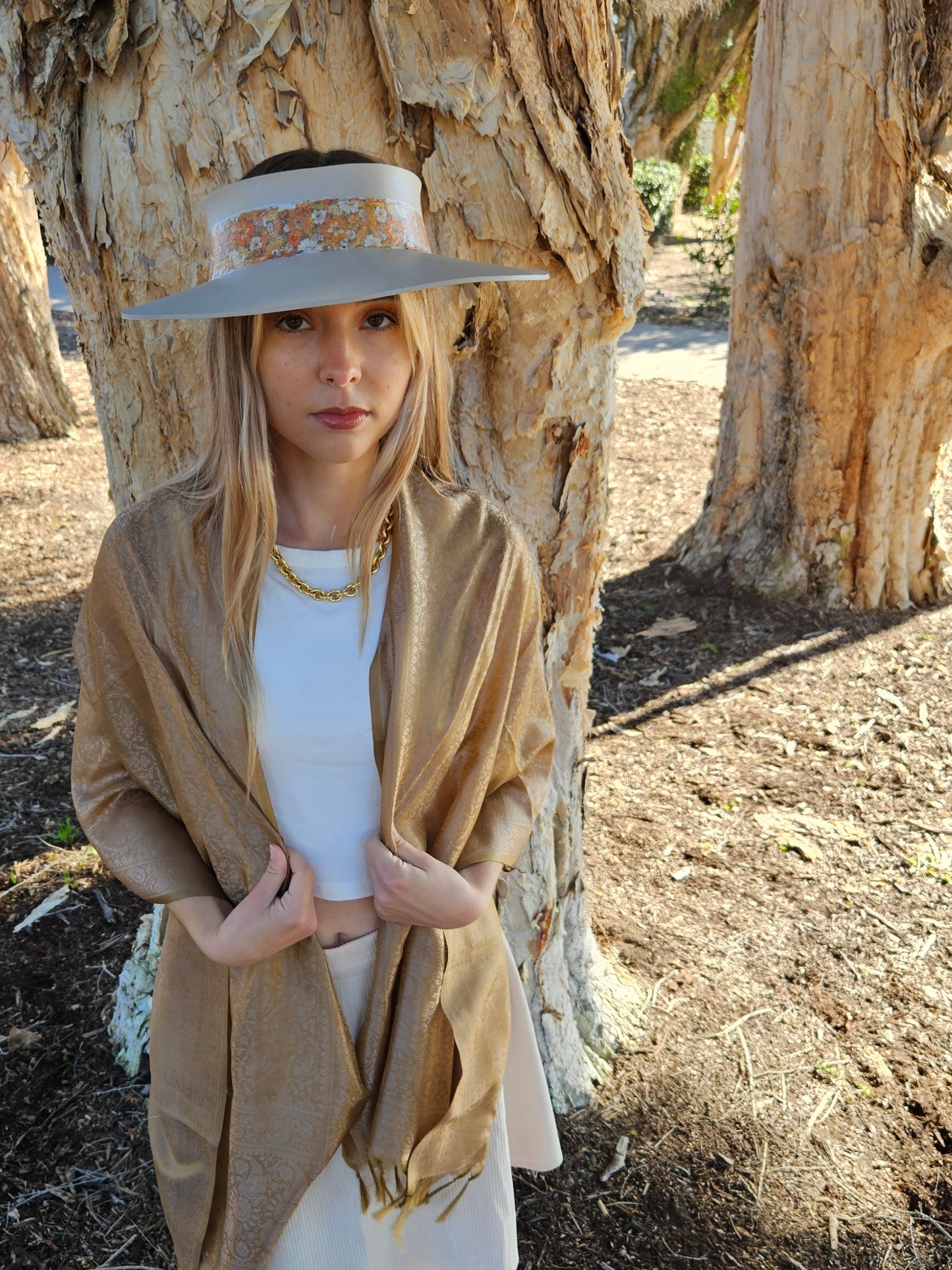 Truly Taupe Audrey Foam Sun Visor Hat with Orange Floral Band: Walks, Brunch, Swim, Garden, Golf, Easter, Church, No Headache