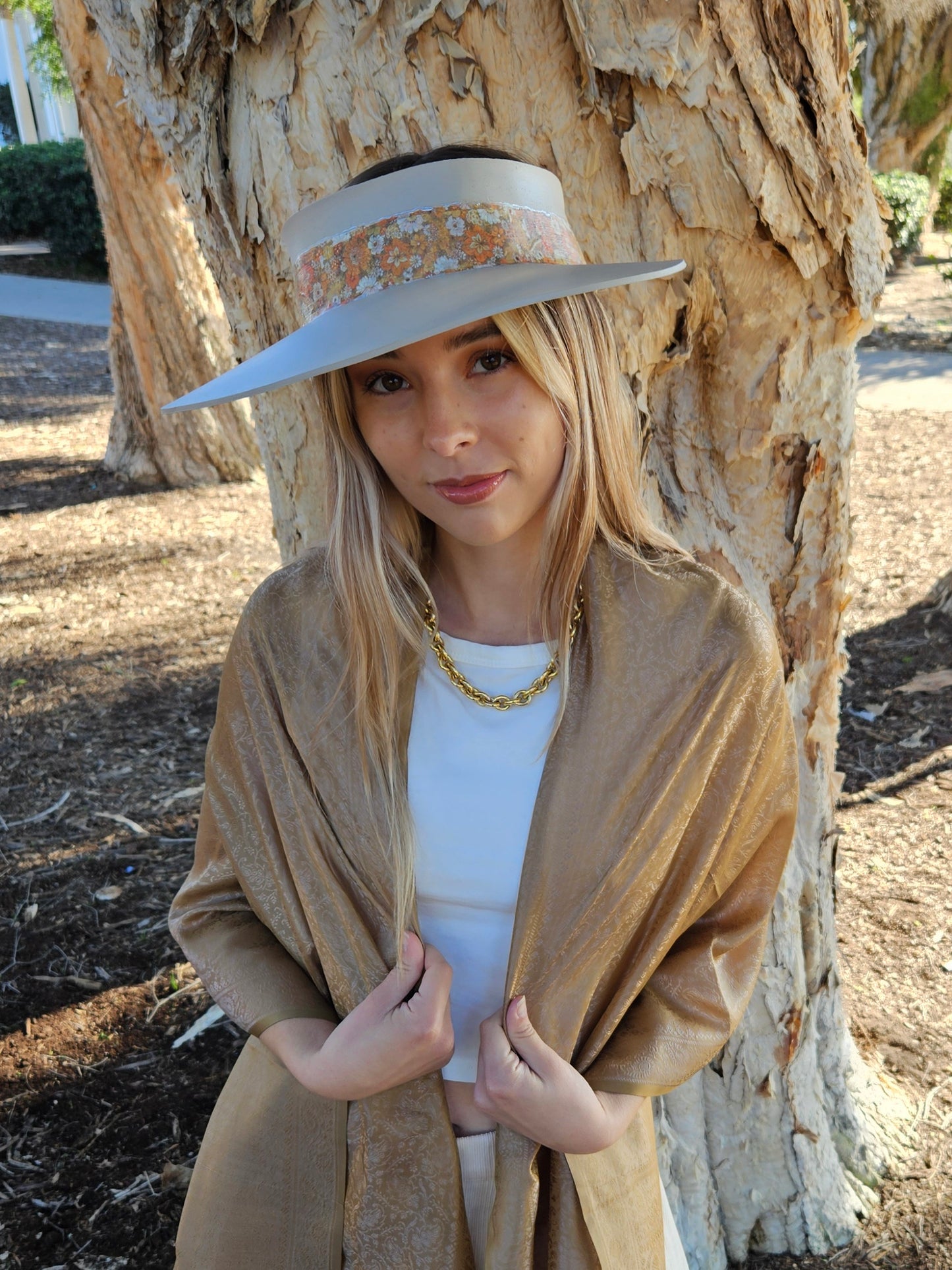 Truly Taupe Audrey Foam Sun Visor Hat with Orange Floral Band: Walks, Brunch, Swim, Garden, Golf, Easter, Church, No Headache