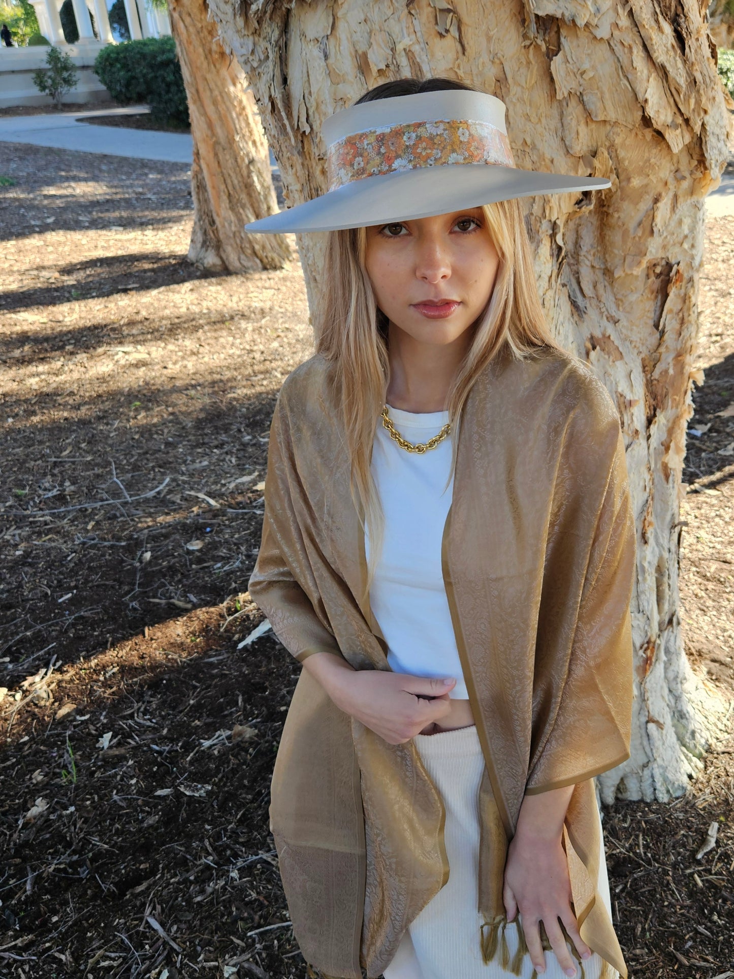 Truly Taupe Audrey Foam Sun Visor Hat with Orange Floral Band: Walks, Brunch, Swim, Garden, Golf, Easter, Church, No Headache