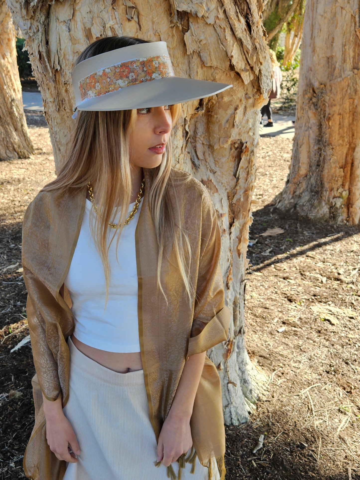 Truly Taupe Audrey Foam Sun Visor Hat with Orange Floral Band: Walks, Brunch, Swim, Garden, Golf, Easter, Church, No Headache