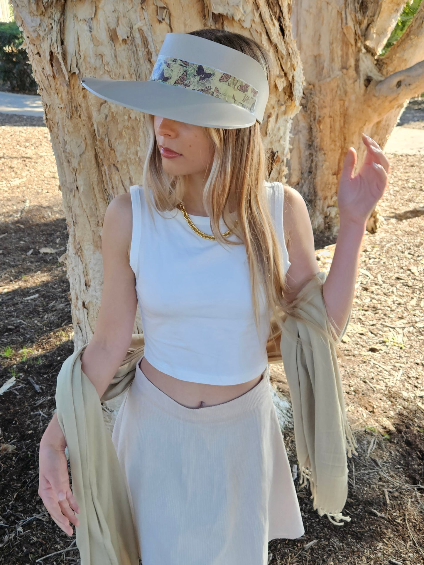 Tall Truly Taupe Audrey Foam Sun Visor Hat with Neutral Butterfly Band and Silver Clamp: Walks, Brunch, Swim, Garden, Golf, Easter, Church, No Headache