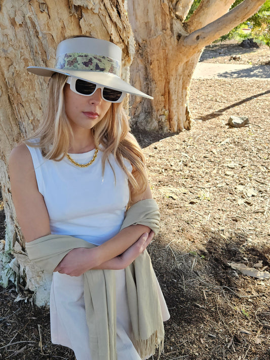 Tall Taupe "LadyEVA" Visor Hat with Neutral Butterfly Band and Silver Accent