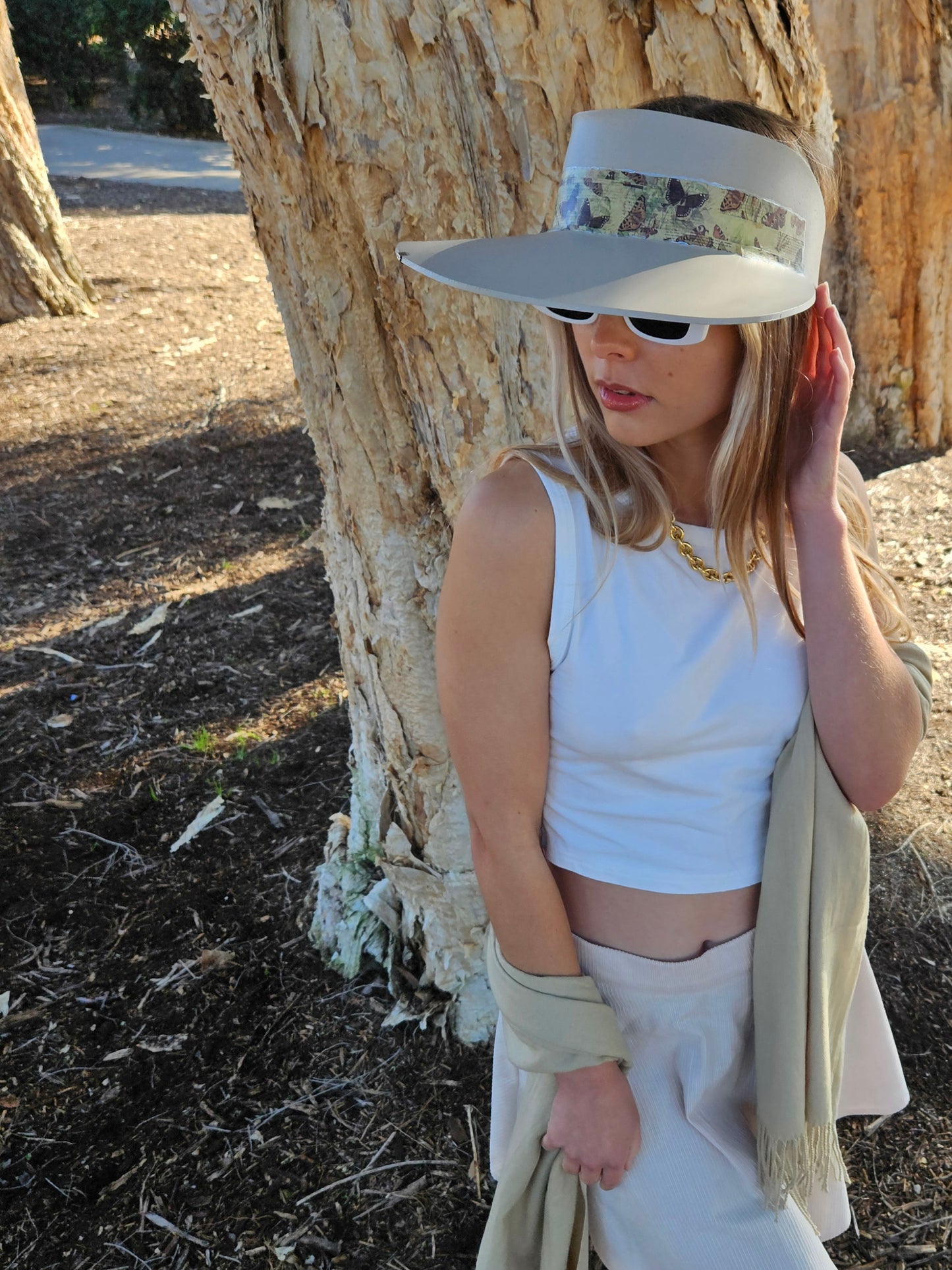 Tall Truly Taupe Audrey Foam Sun Visor Hat with Neutral Butterfly Band and Silver Clamp: Walks, Brunch, Swim, Garden, Golf, Easter, Church, No Headache
