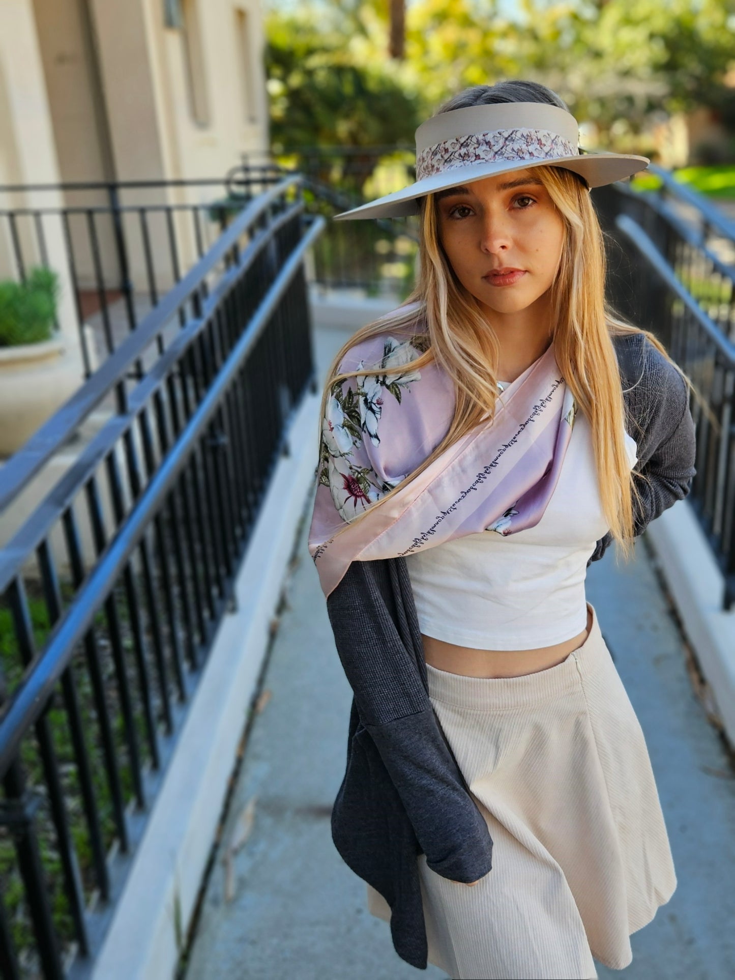 Taupe "LadyEVA" Visor Hat with Multicolor Butterfly Band