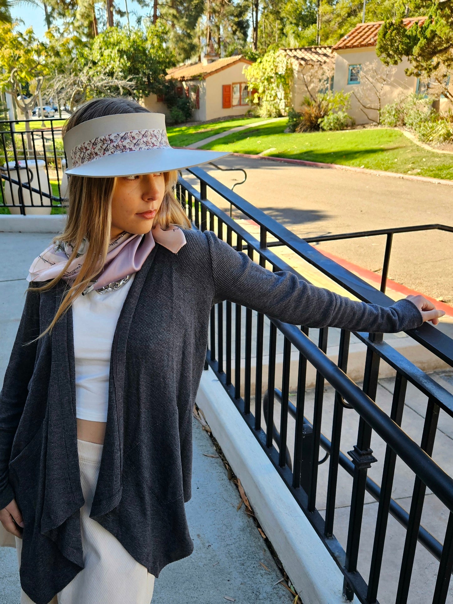 Taupe "LadyEVA" Visor Hat with Multicolor Butterfly Band