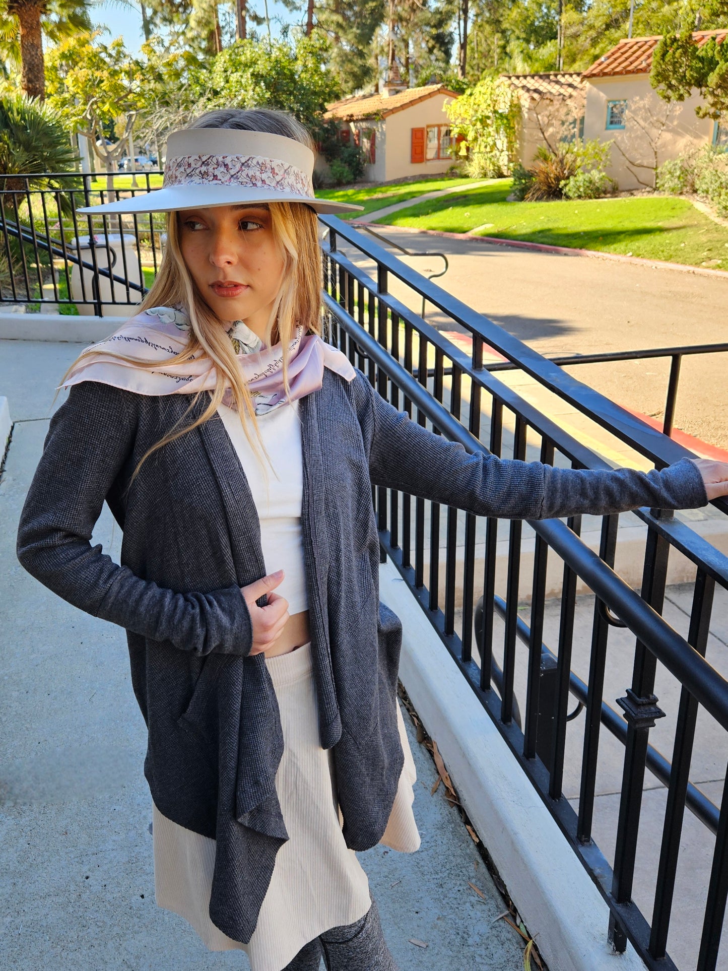 Taupe "LadyEVA" Visor Hat with Multicolor Butterfly Band