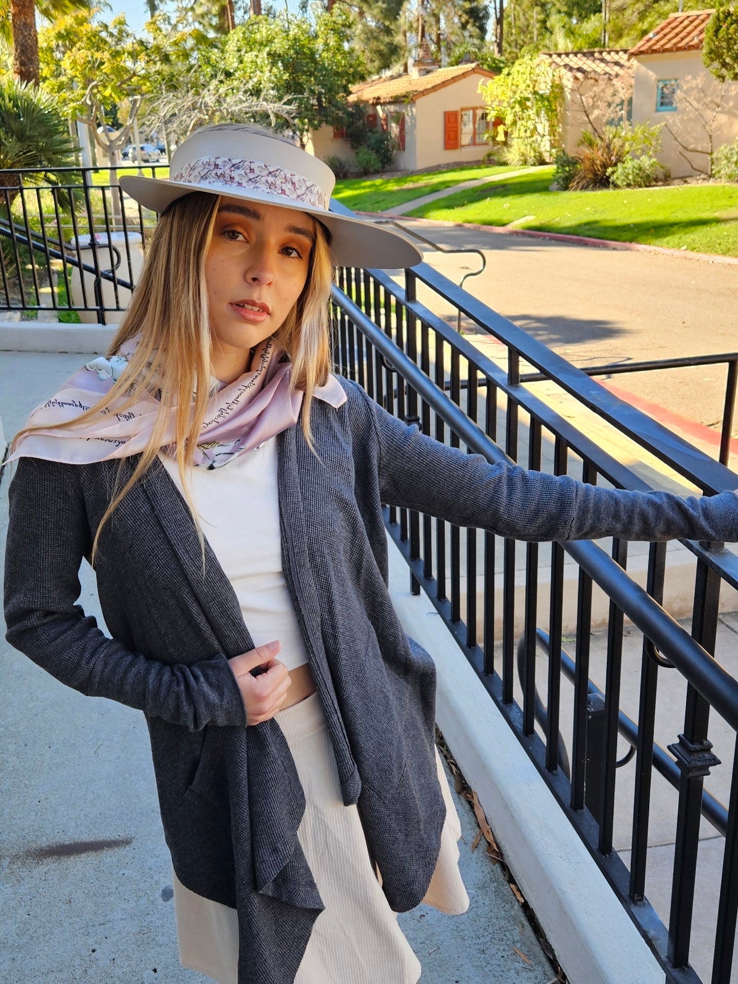 Taupe "LadyEVA" Visor Hat with Multicolor Butterfly Band