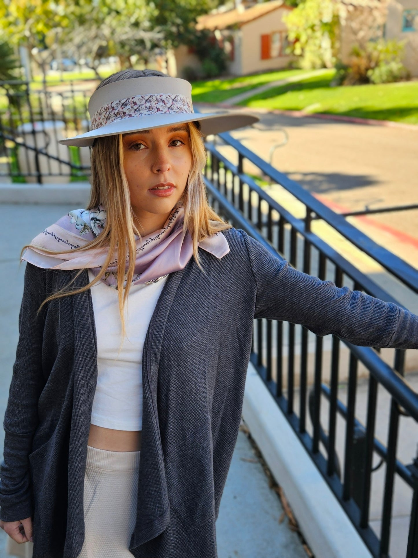 Taupe "LadyEVA" Visor Hat with Multicolor Butterfly Band