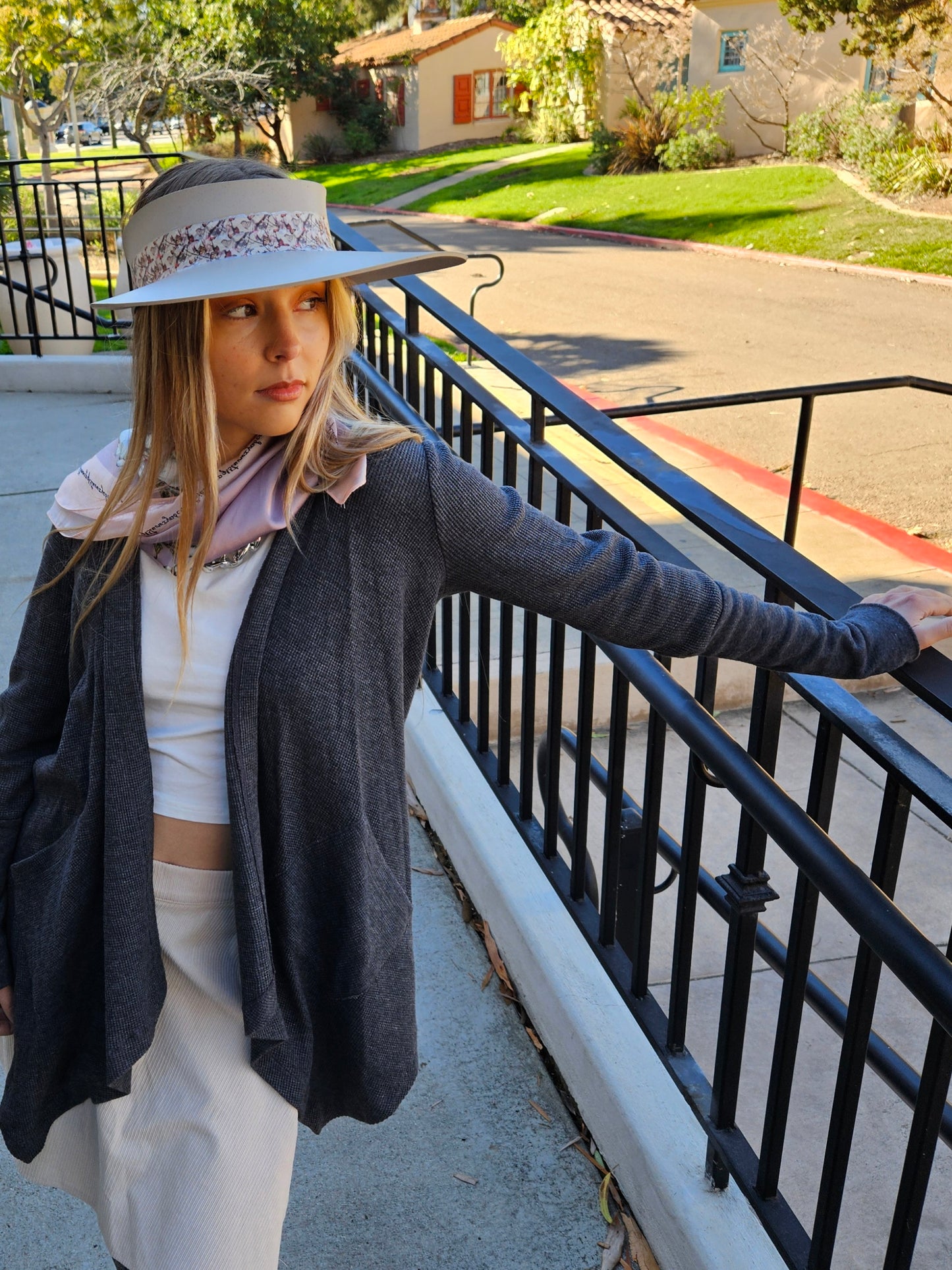 Taupe "LadyEVA" Visor Hat with Multicolor Butterfly Band