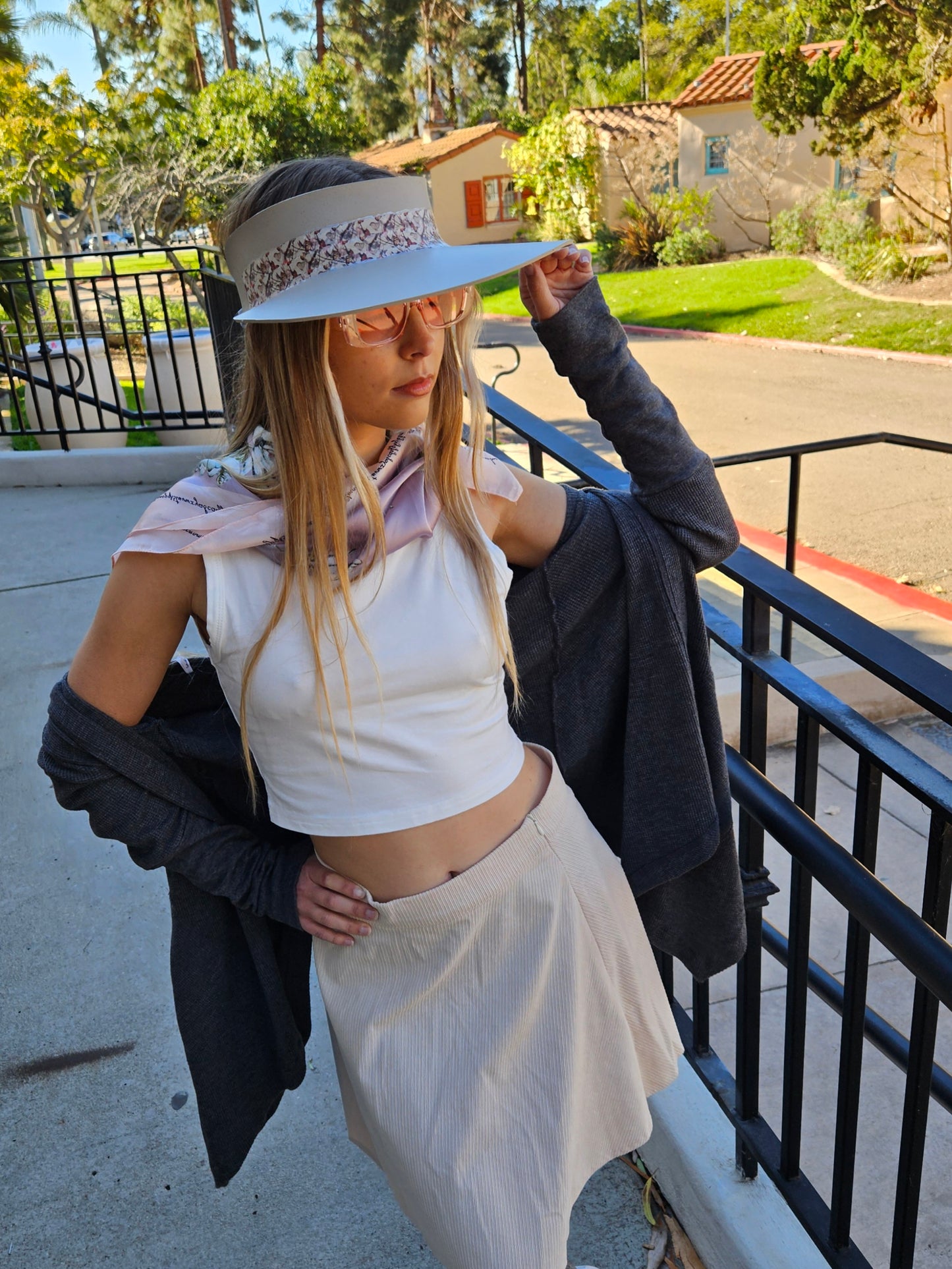 Taupe "LadyEVA" Visor Hat with Multicolor Butterfly Band