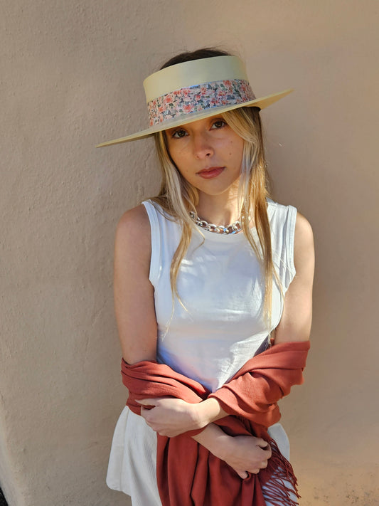 Beautiful Beige Audrey Foam Sun Visor Hat with Pink Floral Band: Walks, Brunch, Swim, Garden, Golf, Easter, Faux Leather, Church, No Headache