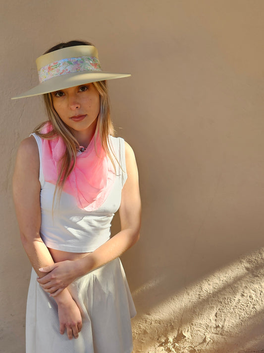 Beautiful Beige Audrey Foam Sun Visor Hat with Pastel Floral Band: Walks, Brunch, Swim, Garden, Golf, Easter, Church, No Headache, Derby