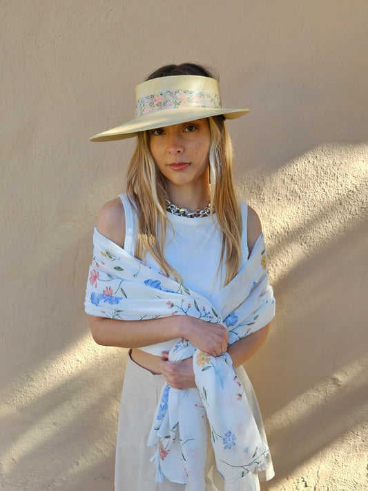 Beautiful Beige Audrey Cute Sun Visor Hat with Elegant Light Pink Floral Band: Walks, Brunch, Swim, Garden, Golf, Tea, Church, No Headache