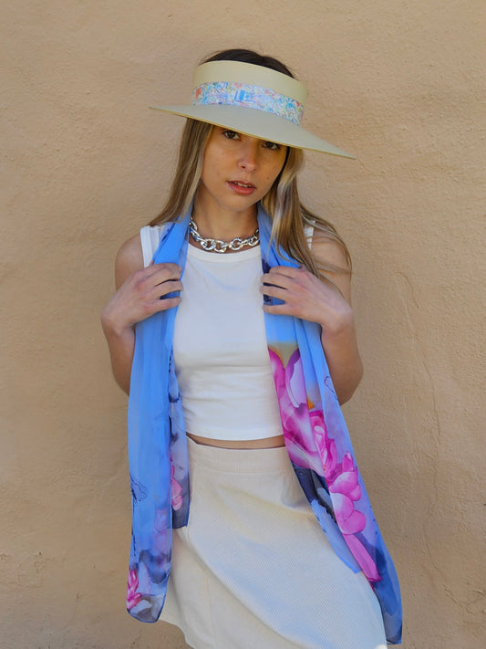 Beige "LadyEVA" Visor Hat with Pastel Multicolor Floral Band