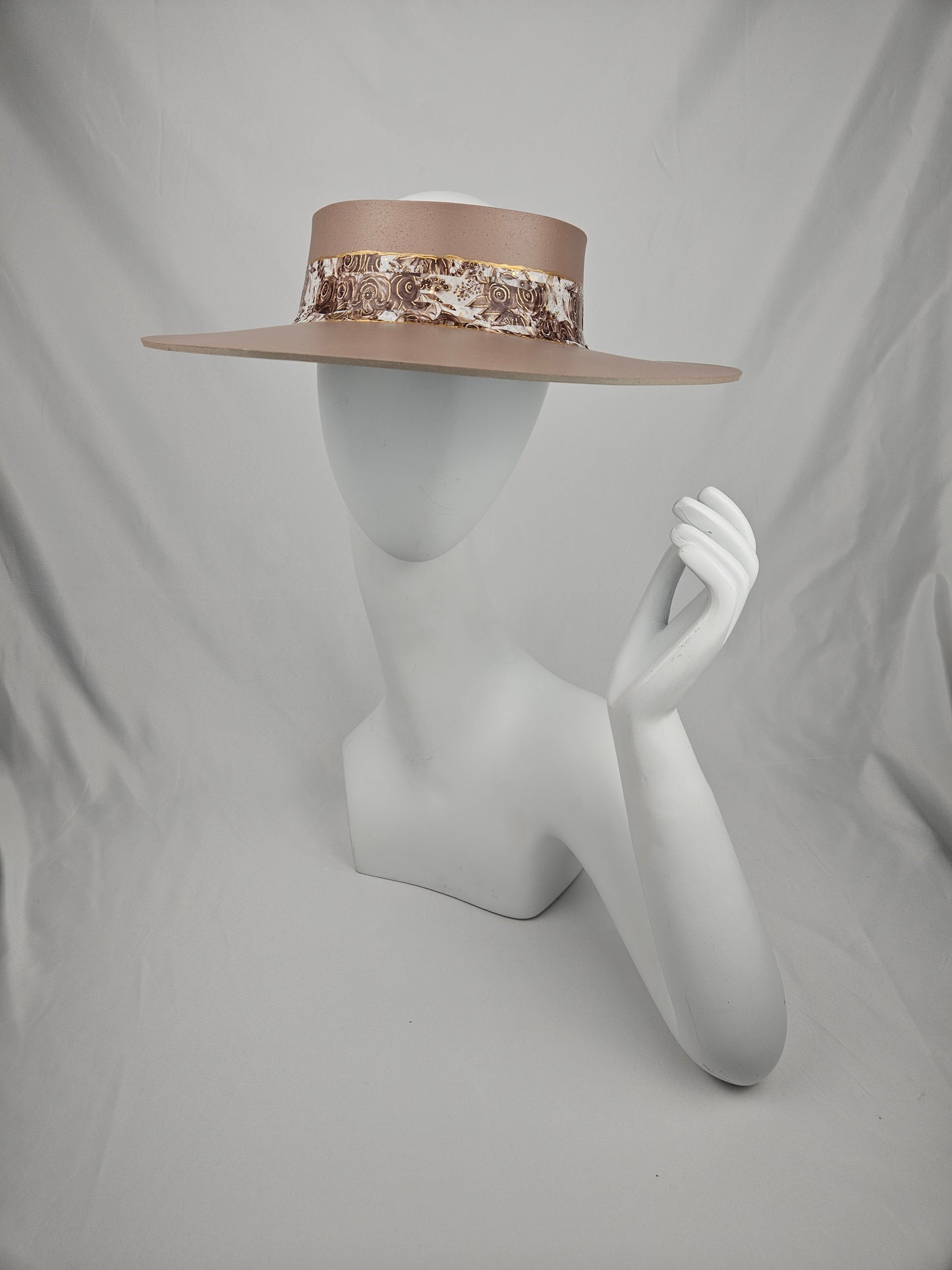 Rich Brown Audrey Foam Sun Visor Hat with Golden Floral Band: Wedding, Walks, Brunch, Swim, Pool, Easter, Church, No Headache, Derby