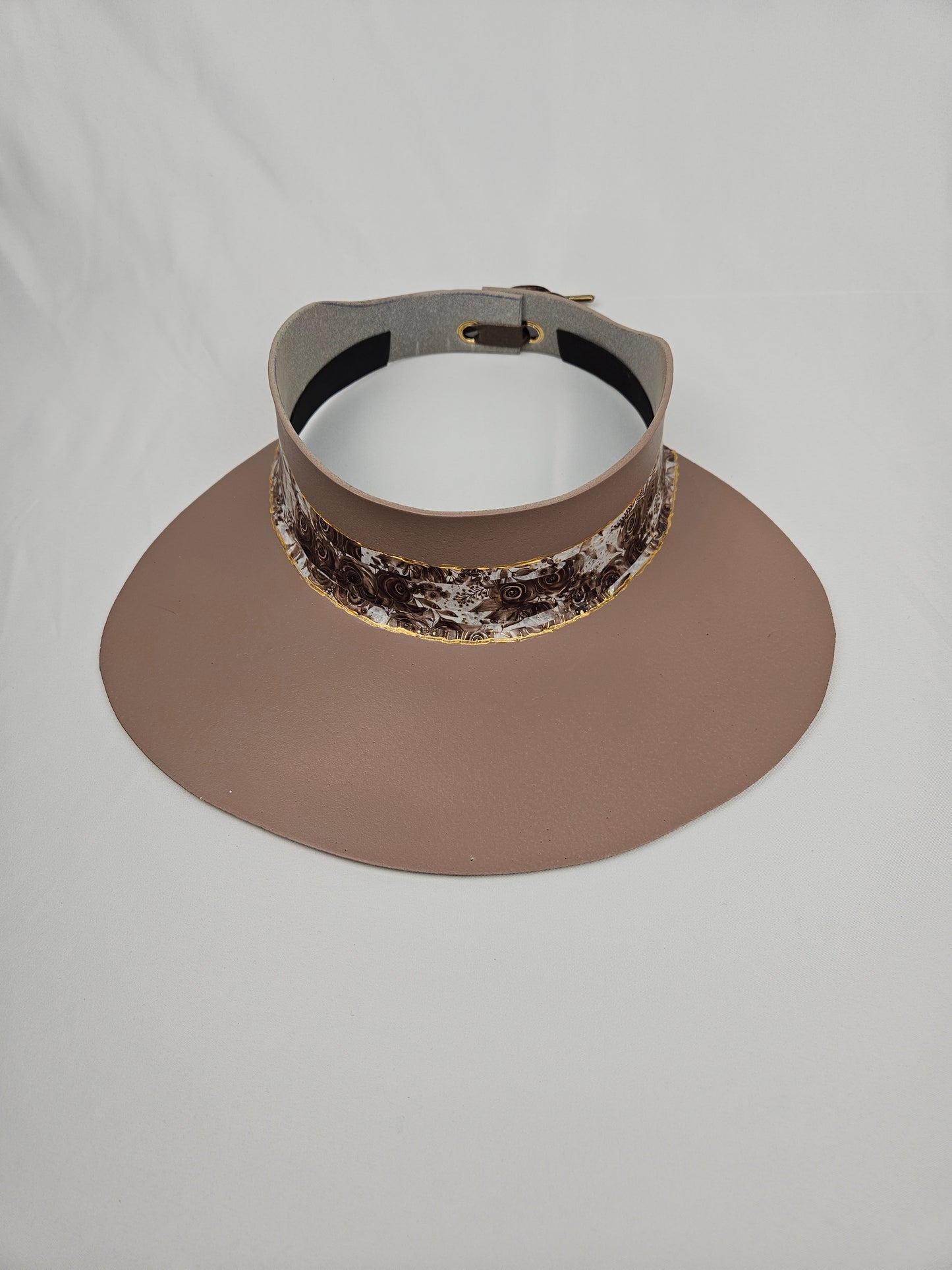 Rich Brown Audrey Foam Sun Visor Hat with Golden Floral Band: Wedding, Walks, Brunch, Swim, Pool, Easter, Church, No Headache, Derby