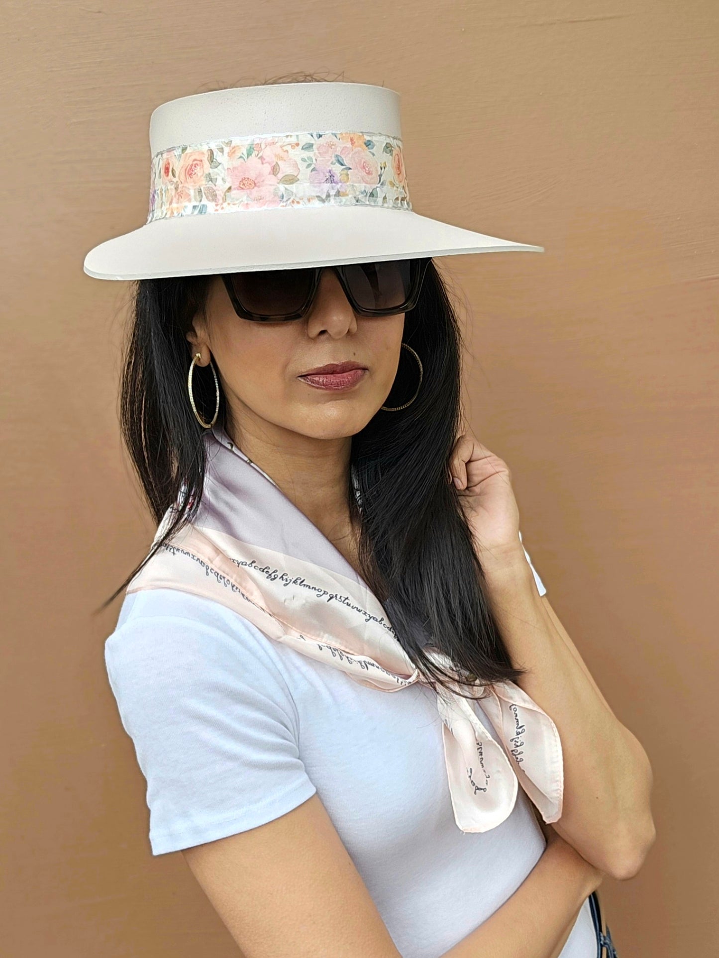 Tall Light Pink "LadyEVA" Visor Hat with Bold Floral Band