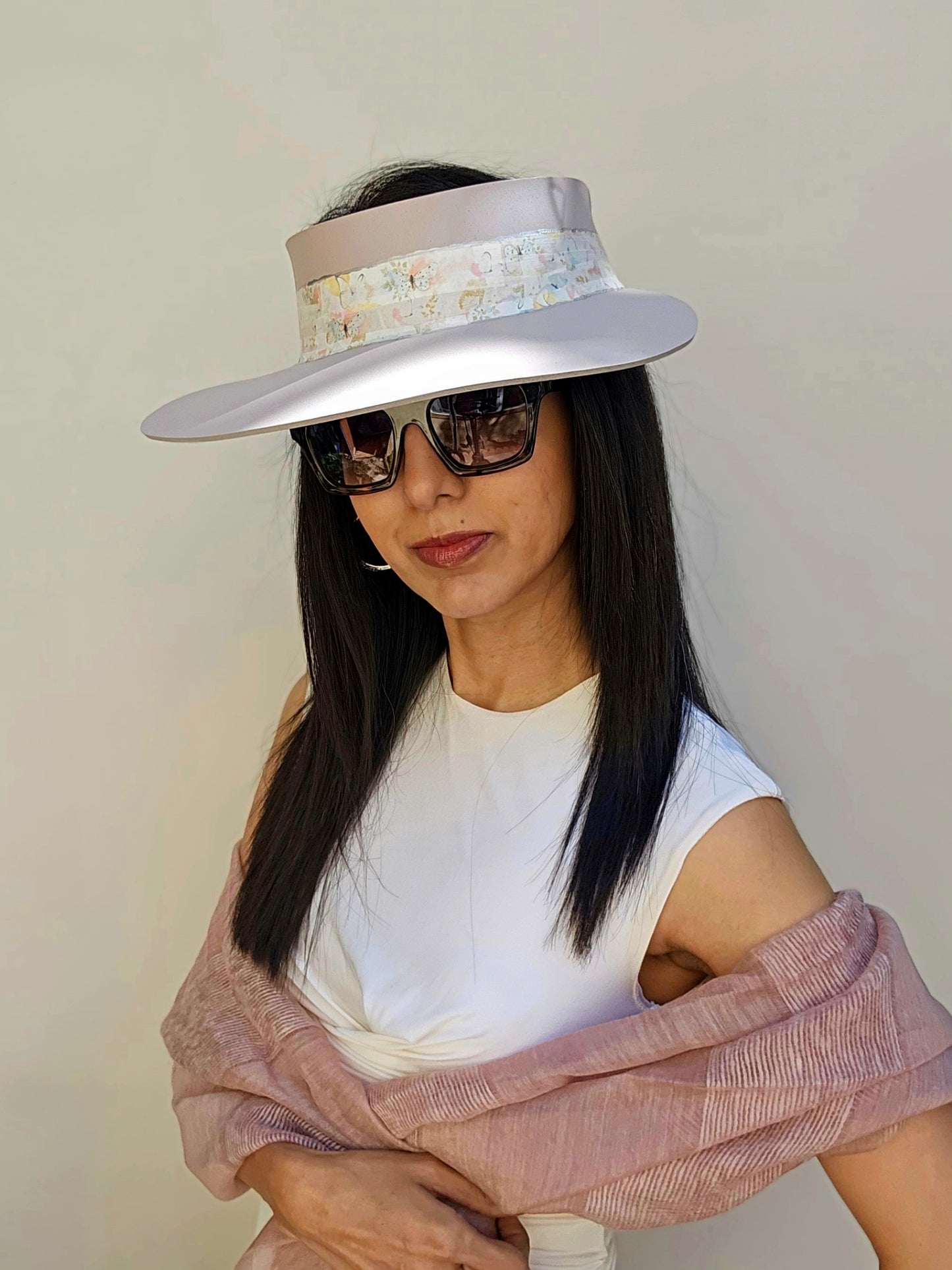 Light Pink "LadyEVA" Visor Hat with Pastel Floral and Butterfly Band