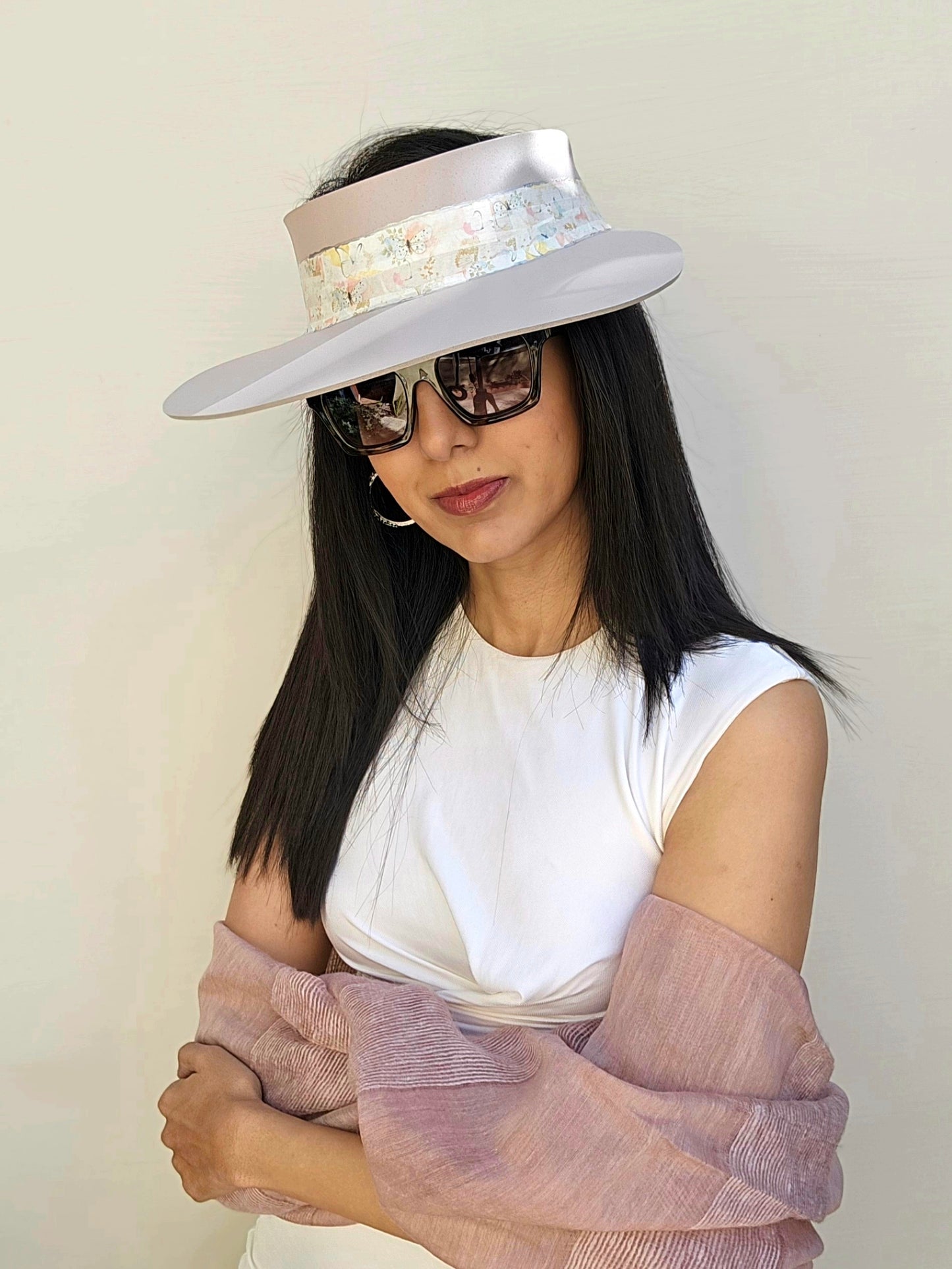 Light Pink "LadyEVA" Visor Hat with Pastel Floral and Butterfly Band