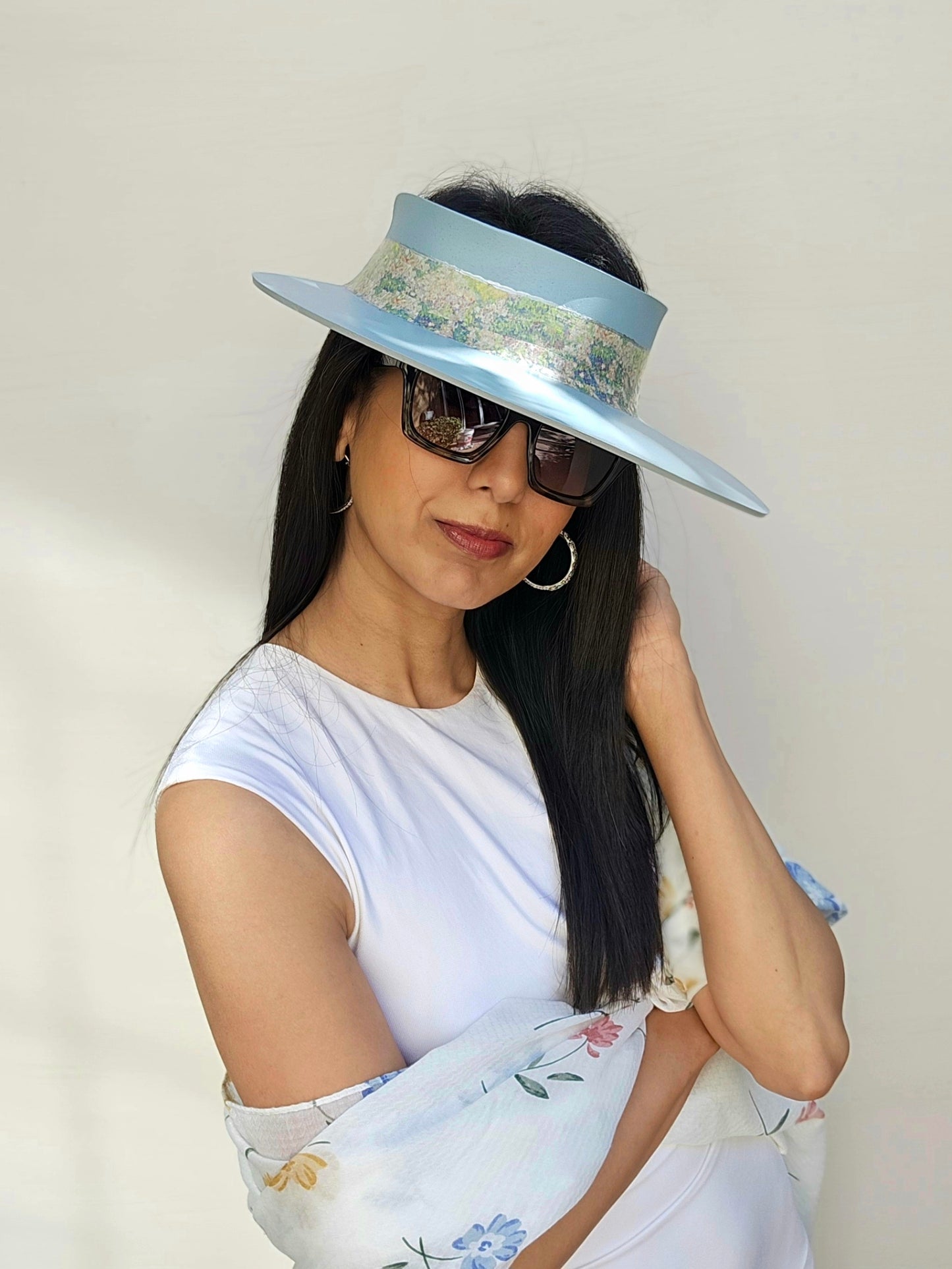 Soft Blue Audrey Sun Visor Hat with Monet Style Floral Band: 1950s, Walks, Brunch, Asian, Golf, Easter, Church, No Headache, Derby