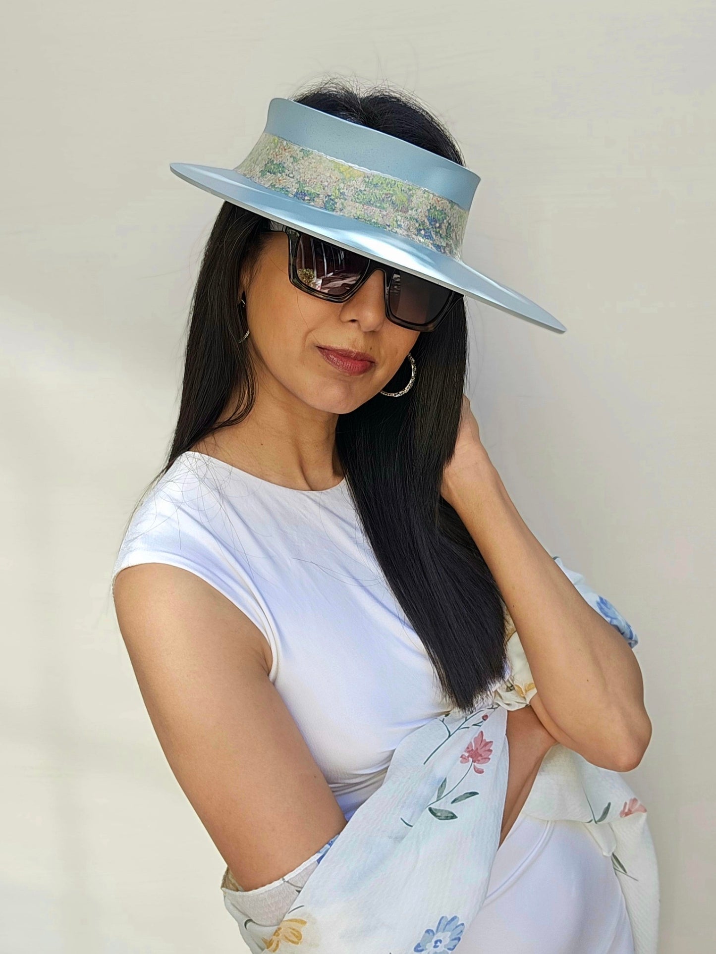 Soft Blue Audrey Sun Visor Hat with Monet Style Floral Band: 1950s, Walks, Brunch, Asian, Golf, Easter, Church, No Headache, Derby