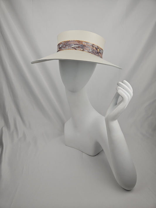 Cream Audrey Foam Sun Visor Hat with Marbled Browns Style Band: 1950s, Walks, Brunch, Asian, Golf, Easter, Church, No Headache, Derby